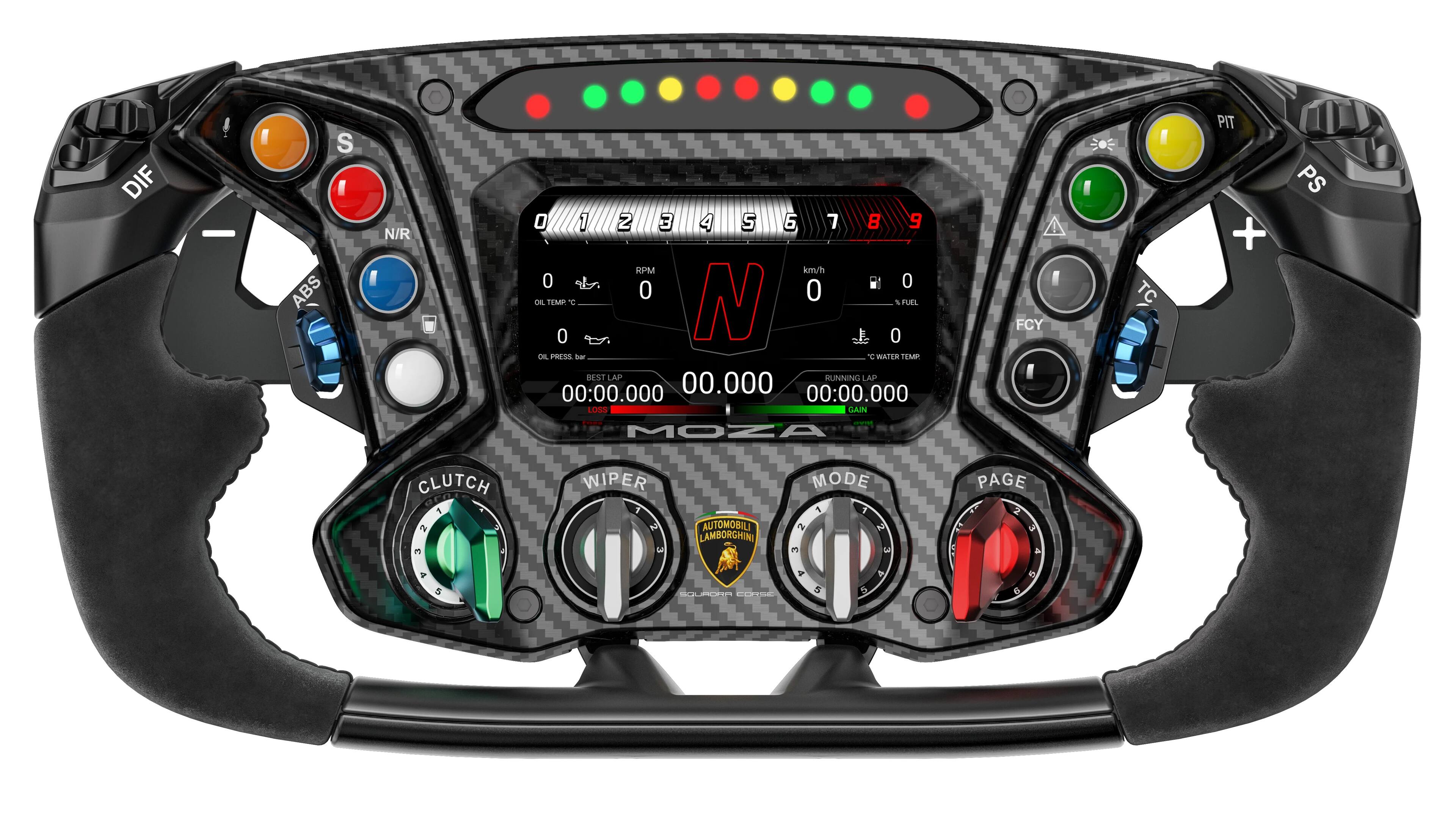 DIF S ABS N/R 0 1 2 3 4 5 6 7 8 9 RPM km/h 0 0 0 0 dE TEMP t N & FUEL 0 0 dE PRESS bar 2 WATER TEMP BEST LAP BUNNING LAD 00:00.000 00.000 00:00.000 LOSS GAIN FCY TC PIT + PS - - MOZA CLUTCH P e M WIPER 2 AUTOMOBILI LAMBORGHINI MODE 2 M VE PAGE 2 - UARN EE 4 5 6