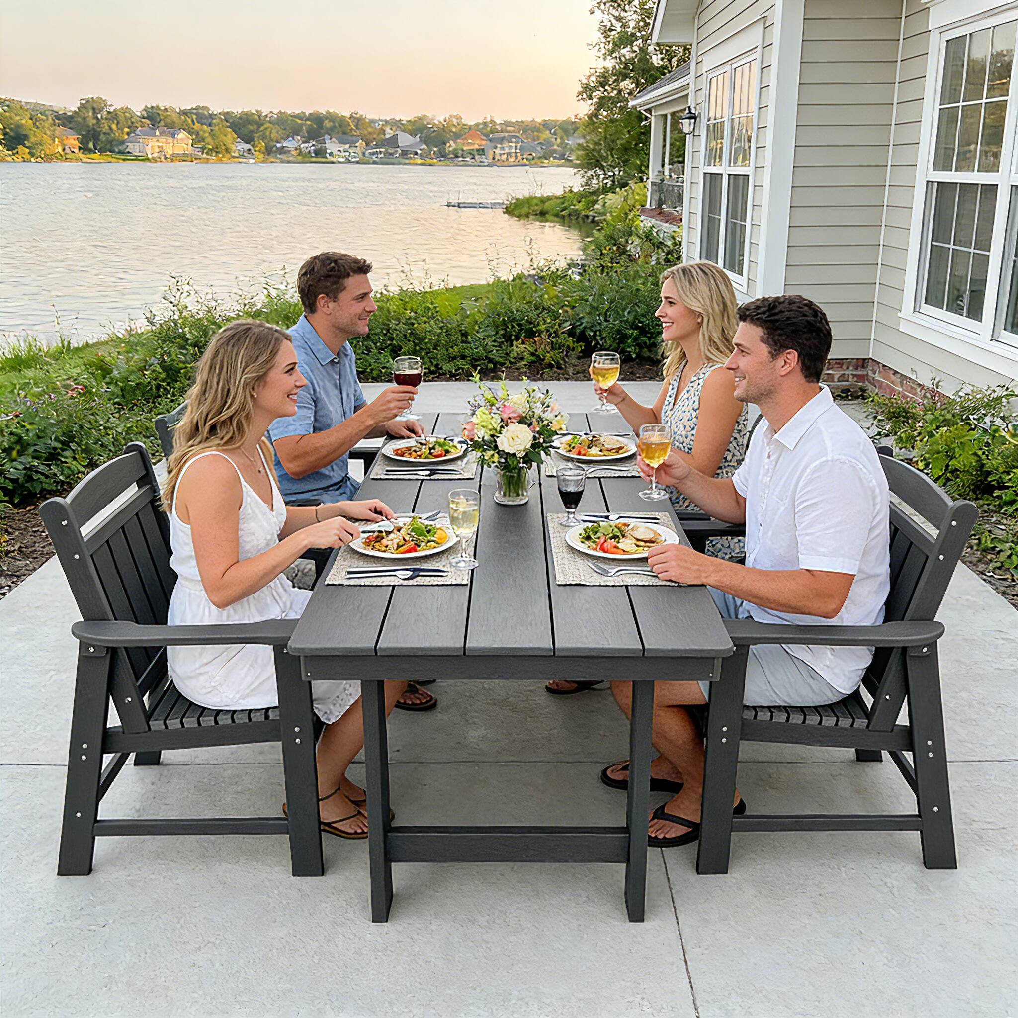Angle. Fortune Candy - HDPE Patio Dining Set, 5-Piece Poly Lumber Table & Chairs with Umbrella Hole, Weather-Resistant for Porch Yard Garden - Gray.