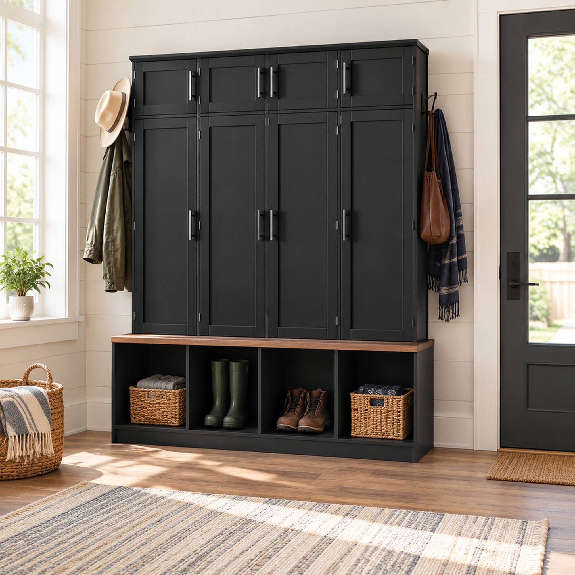 Left. RYHNUYNE - Farmhouse Hall Tree, Walnut Seating Bench, 8 Doors, 4 Hooks, Entryway Shoe Cabinet, Black - Black.