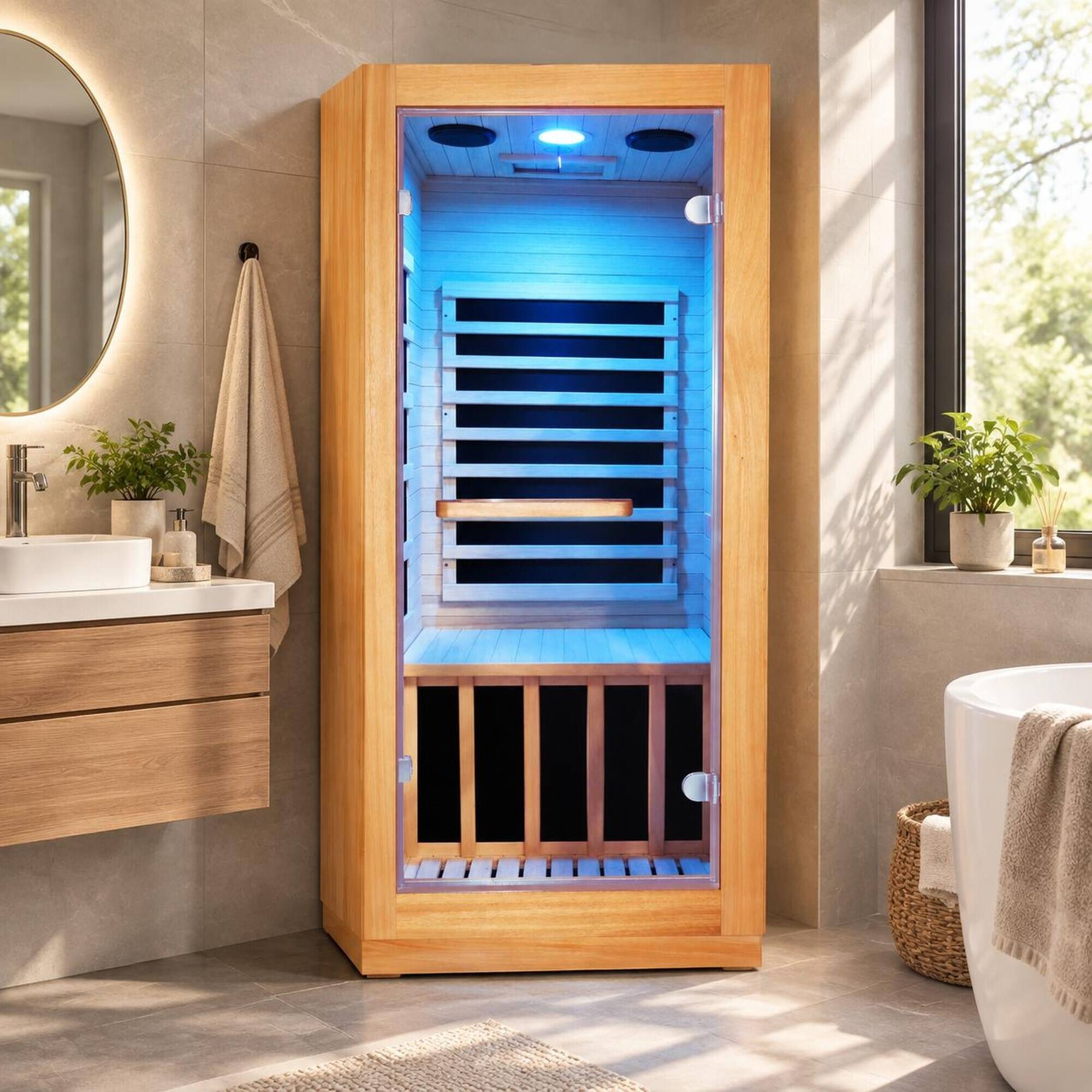Back. RYHNUYNE - Infrared Sauna Room, Single Person, 900W, 5 Epoxy Heating Plates, AUS Wood, 10-Color Downlight, 100 kg Seat Capacity - Natural.