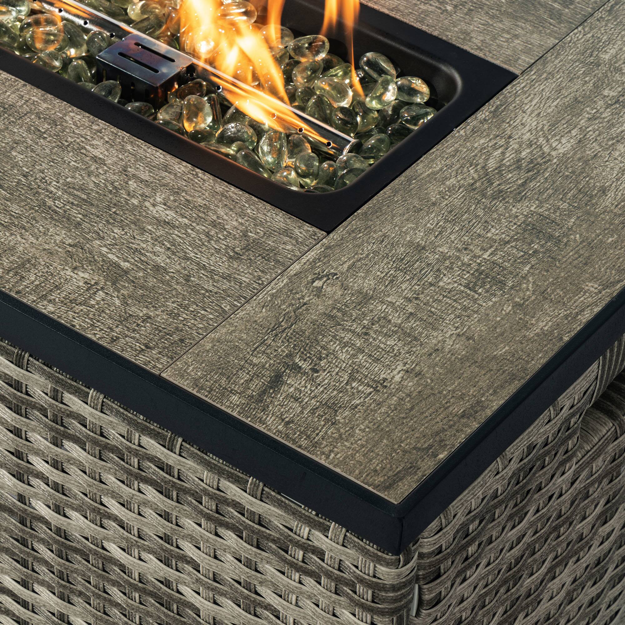 Alt View 7. Spaco - 32" Propane Fire Pit Table with Tank Cover, 50000 BTU Rectangular Steel Firepit with Wicker Base - Beige.