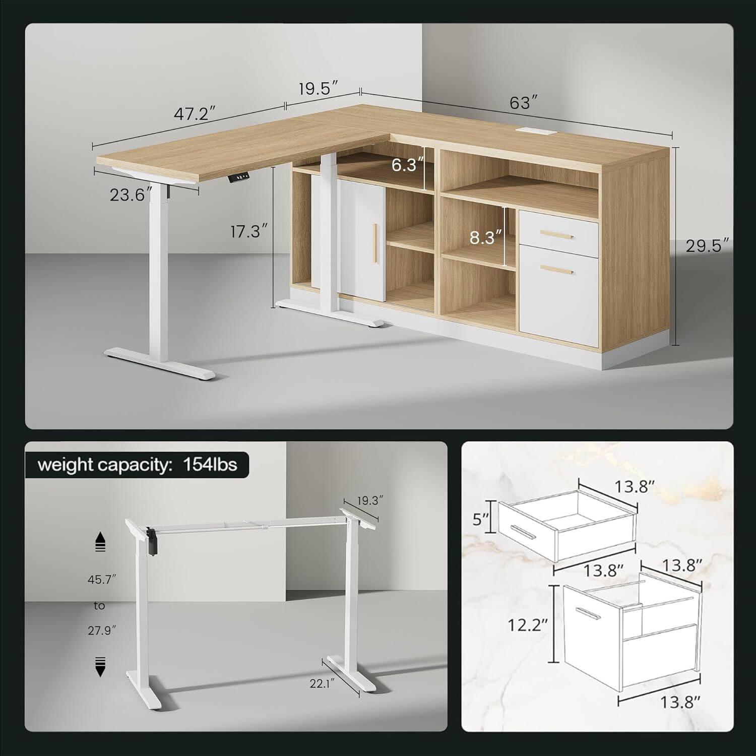 ModernMate - 114-in W Two Person Electric Height Adjustable Standing Desk with Storage and File Cabinets for Home Office - Light Walnut - Thumbnail 2