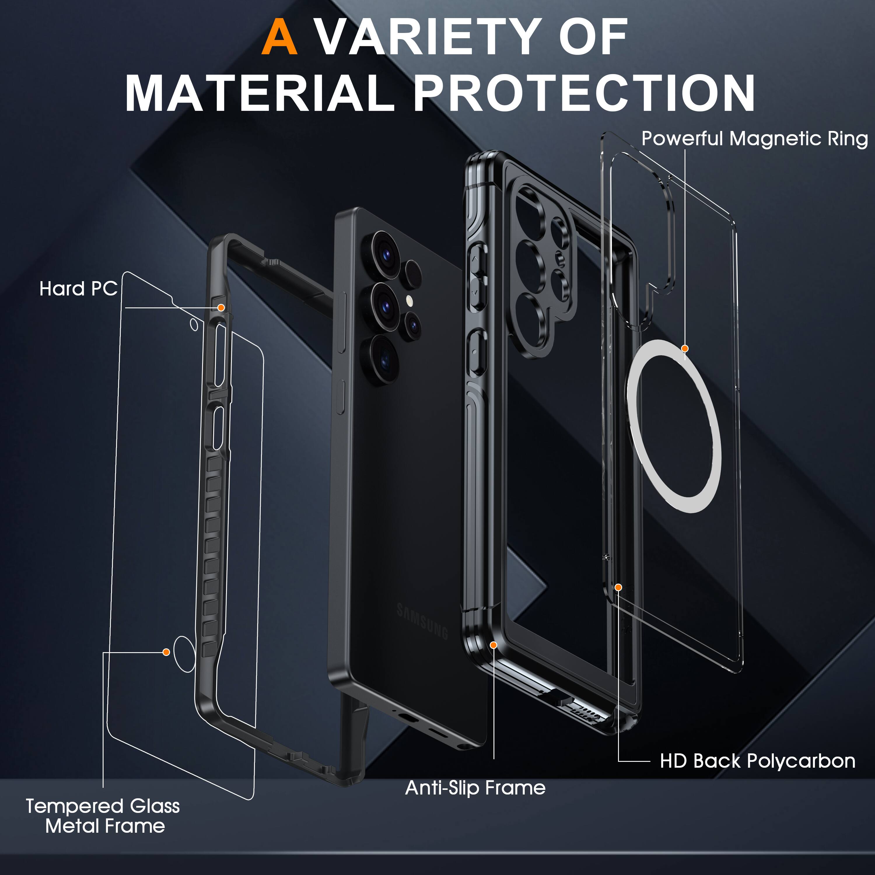 A VARIETY OF MATERIAL PROTECTION

- Powerful Magnetic Ring
- Hard PC
- Tempered Glass Metal Frame
- Anti-Slip Frame
- HD Back Polycarbon