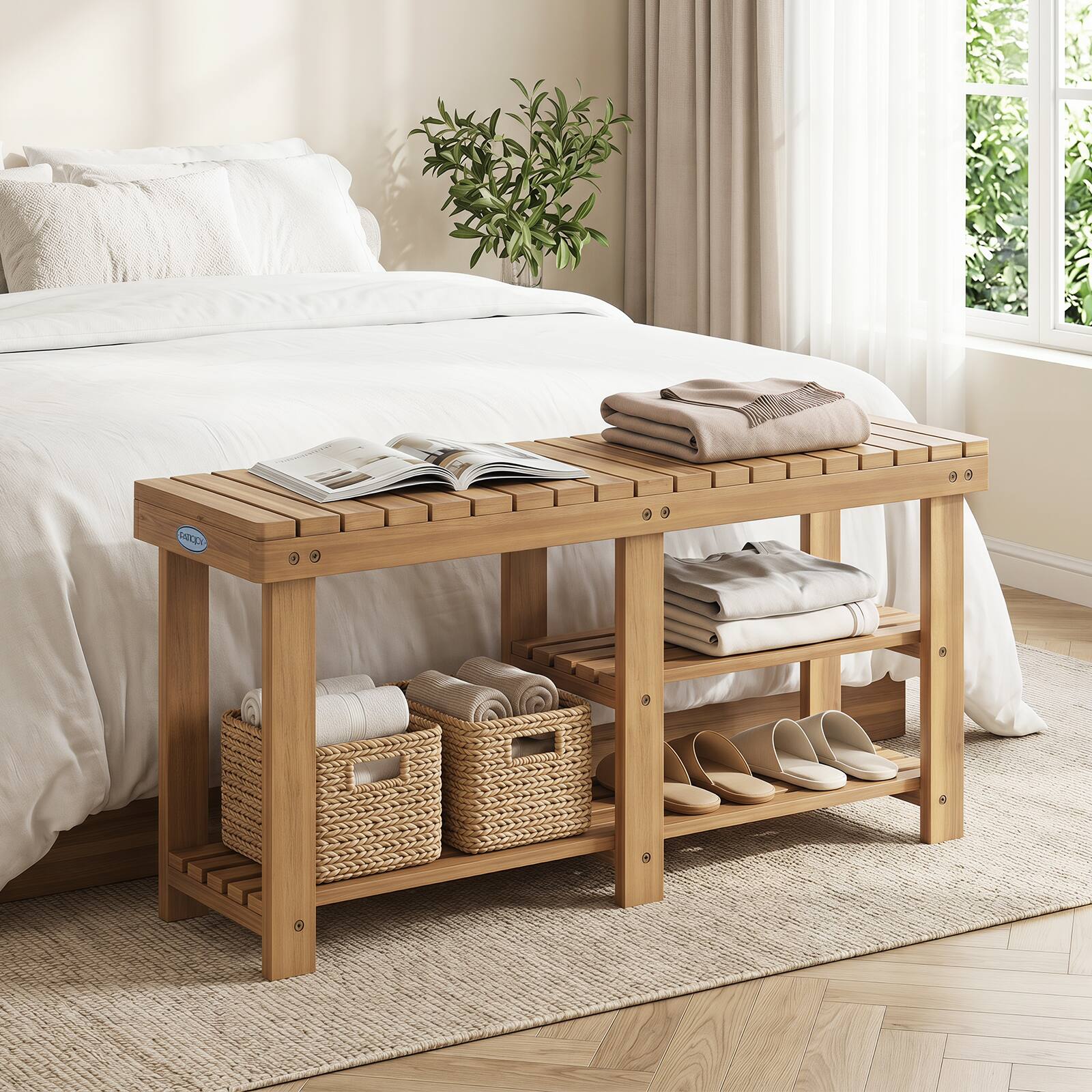Alt View 5. Costway - Costway 3-Tier Solid Wood Shoe Rack Bench with Slatted Shelves for Front Door, Entrance - Natural.