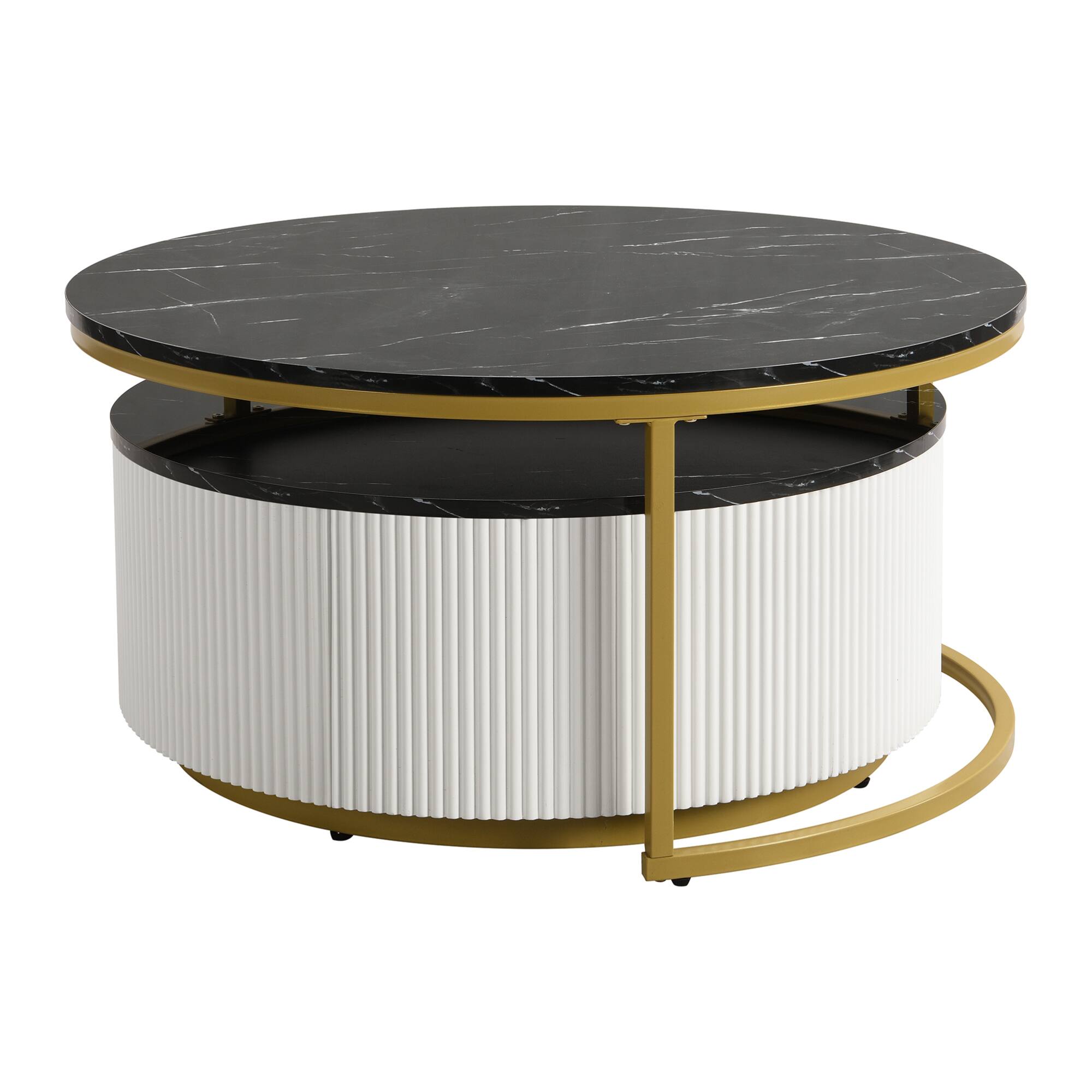 Alt View 7. GOODSILO - Modern Round Nesting Coffee Table with Fluted Design and Drawer for Living Room - Black.