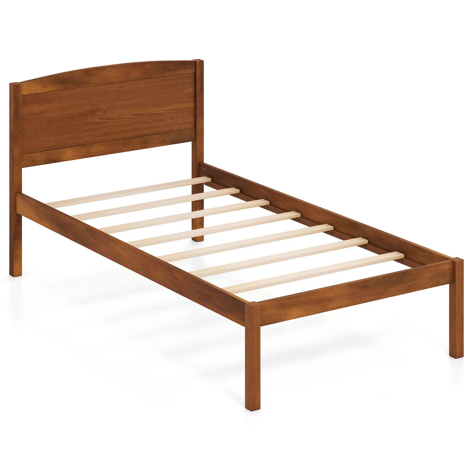Alt View 8. Gymax - Gymax Twin Size Wooden Platform Bed Frame w/Curved Headboard Solid Pine Wood Legs Walnut - Brown.