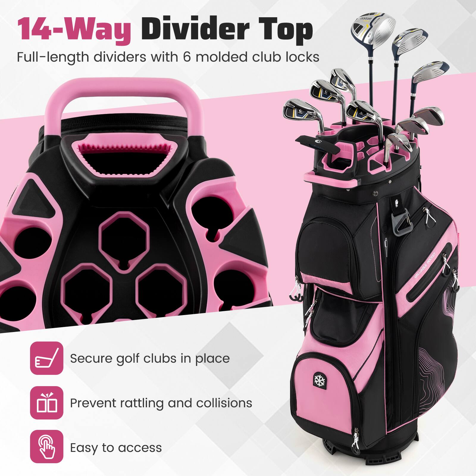 14-Way Divider Top  
Full-length dividers with 6 molded club locks  

Secure golf clubs in place  
Prevent rattling and collisions  
Easy to access