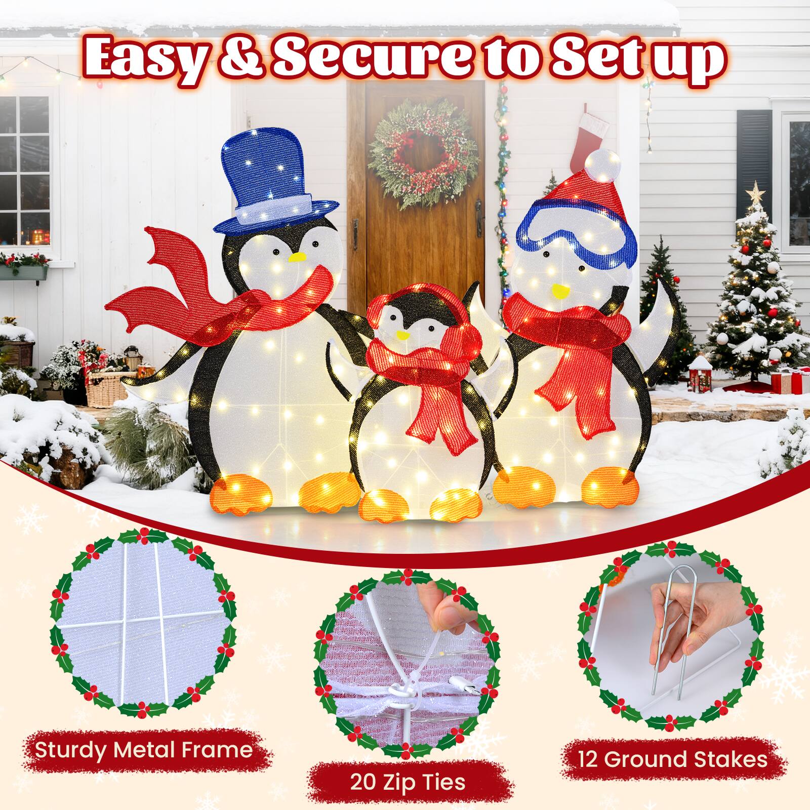 Easy & Secure to Set up  
Sturdy Metal Frame  
20 Zip Ties  
12 Ground Stakes