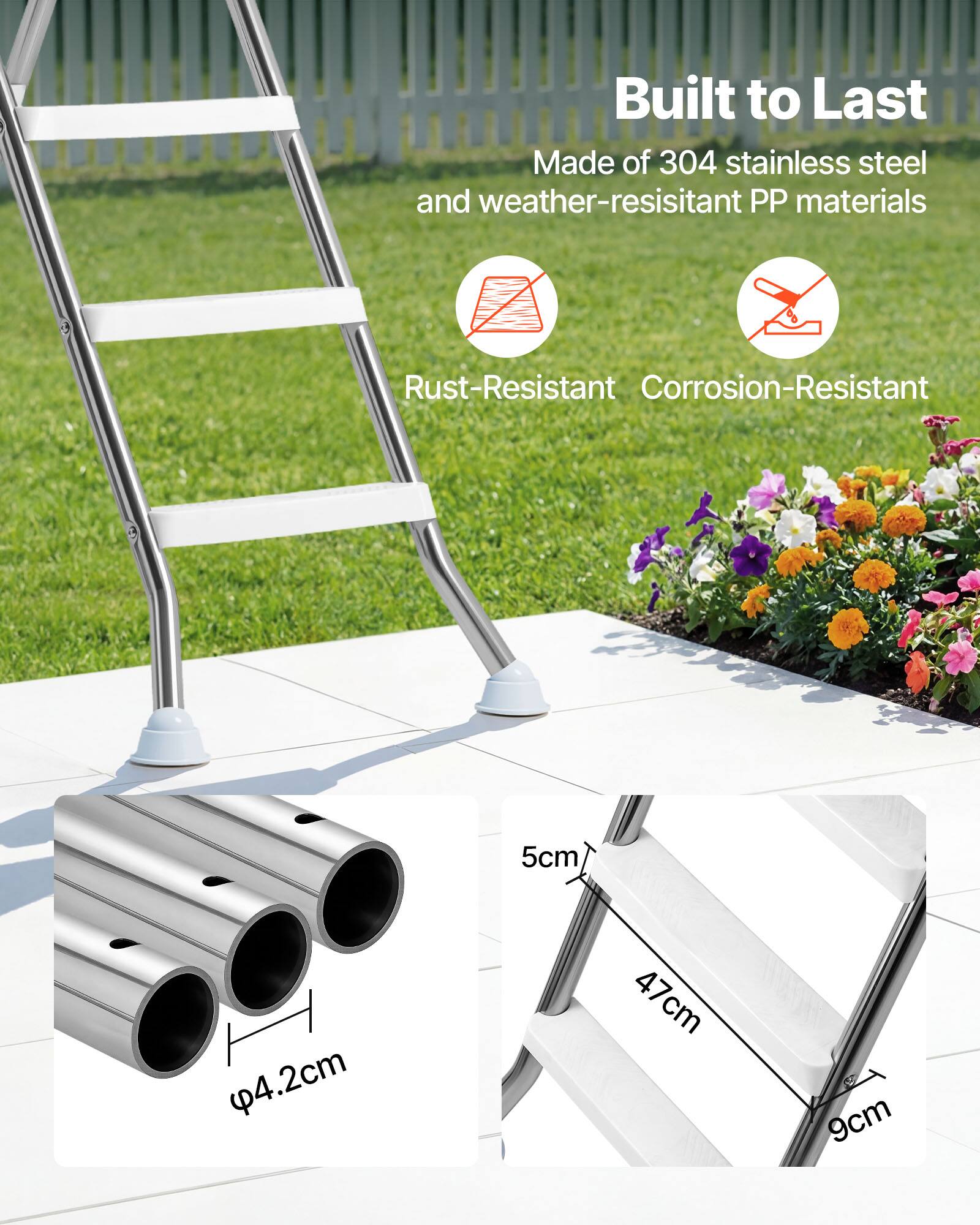 Built to Last  
Made of 304 stainless steel and weather-resistant PP materials  
Rust-Resistant  
Corrosion-Resistant  
5cm  
4.2cm  
47cm  
9cm
