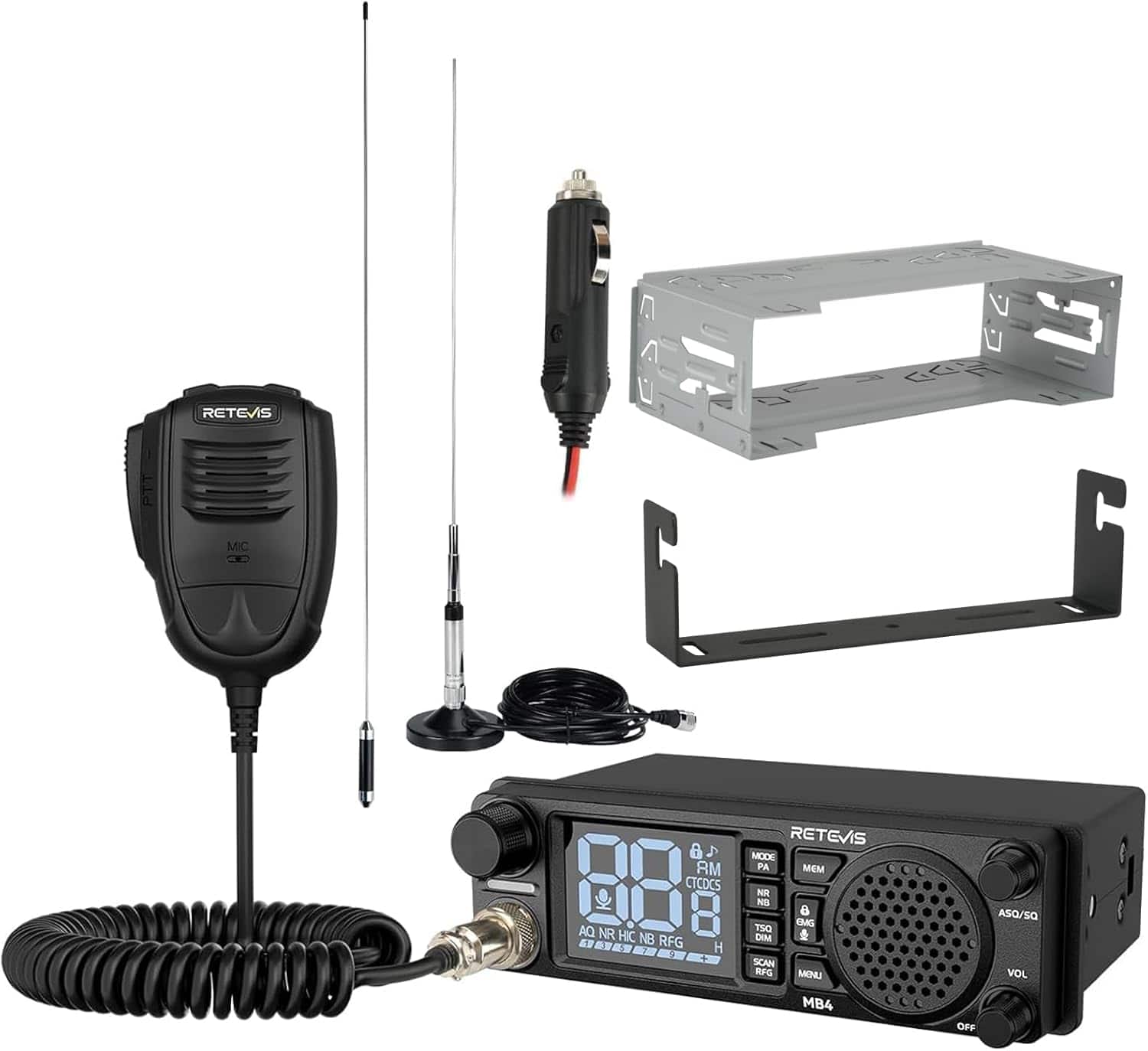 Retevis - MB4 DIN Mount CB Radio kit with Antenna,External CB Speaker(1 Pack) | for Trucker Off Road Emergency,NRC Noise C - Black