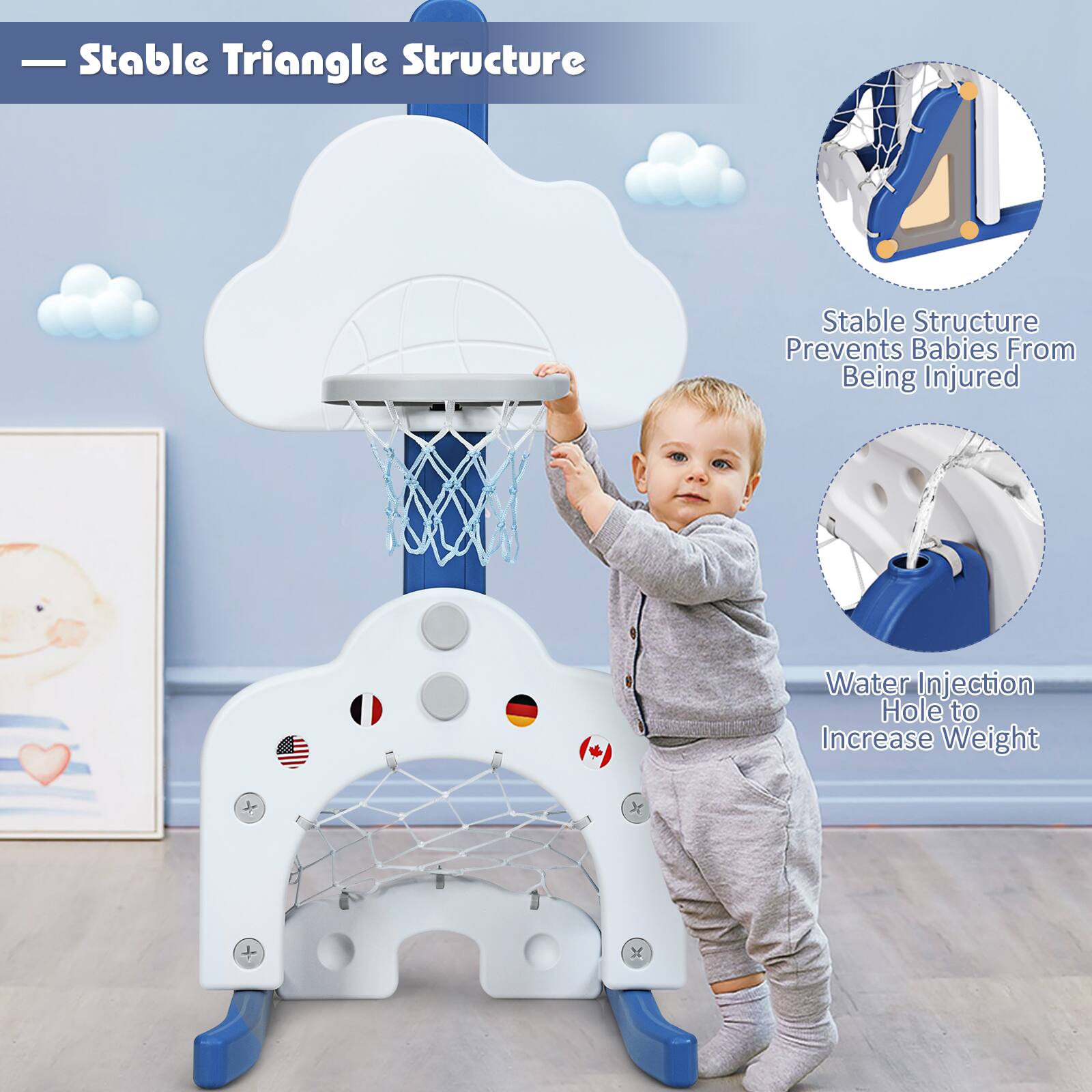 Stable Triangle Structure, Stable Structure Prevents Babies From Being Injured, Water Injection Hole to Increase Weight