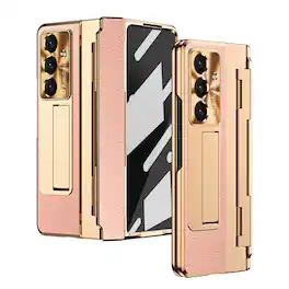 Dteck - Rugged Case for Samsung Galaxy Z Fold7, Built-in Screen Protector Hidden Kickstand Hinge Protective Cover - Pink Gold