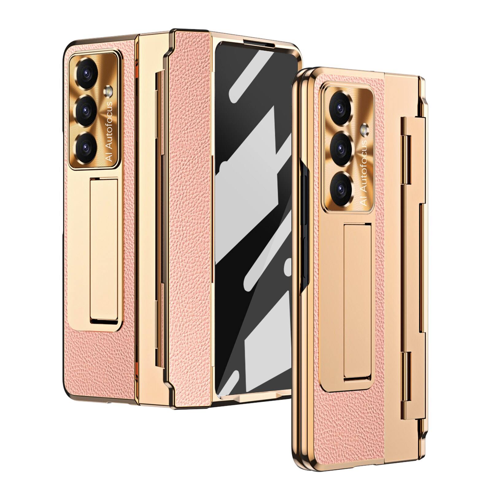 Dteck - Rugged Case for Samsung Galaxy Z Fold7, Built-in Screen Protector Hidden Kickstand Hinge Protective Cover - Pink Gold