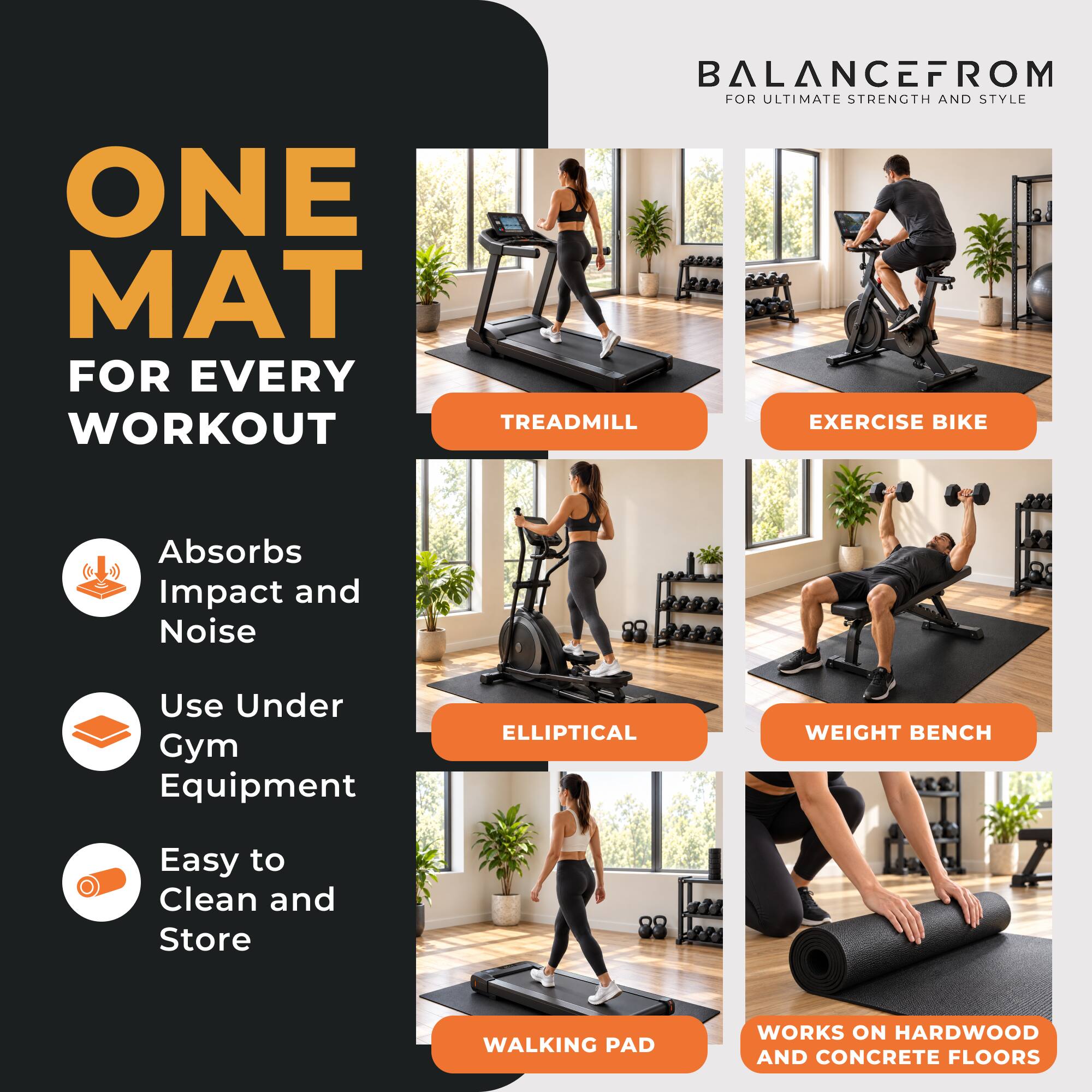 BALANCEFROM FOR ULTIMATE STRENGTH AND STYLE

ONE MAT FOR EVERY WORKOUT

- Absorbs Impact and Noise
- Use Under Gym Equipment
- Easy to Clean and Store

TREADMILL
EXERCISE BIKE
ELLIPTICAL
WEIGHT BENCH
WALKING PAD

WORKS ON HARDWOOD AND CONCRETE FLOORS