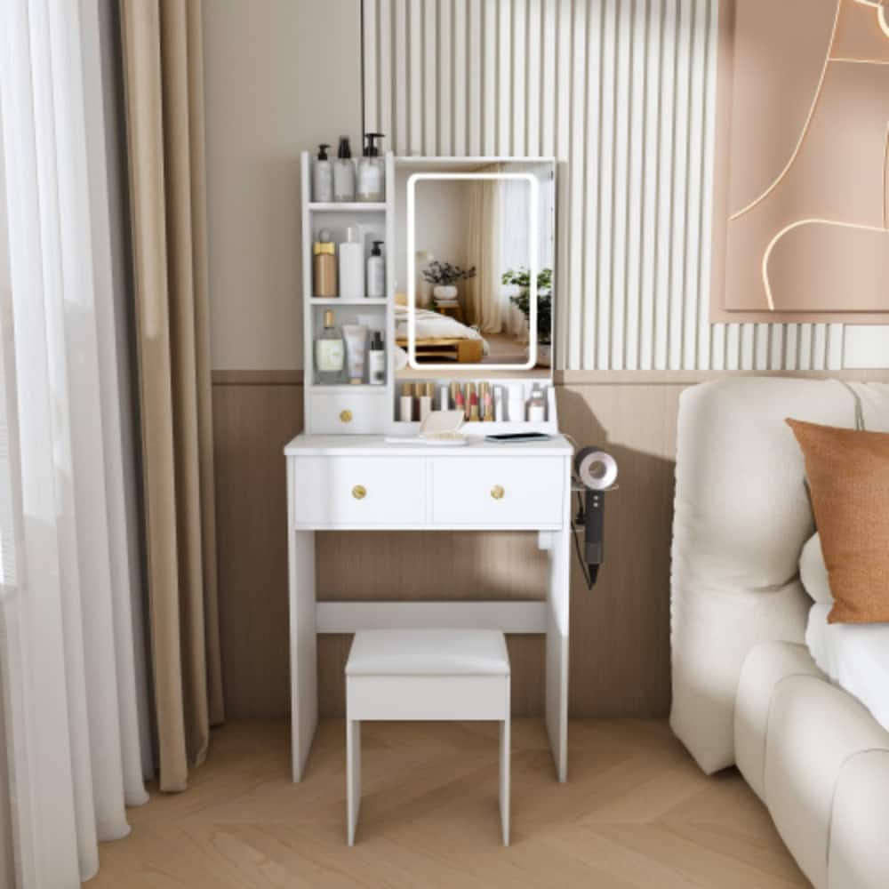 LUCKY ONE - Small Vanity Desk with 3-Mode LED Mirror, 3 Drawers, Open Shelves, Power Socket and Chair - White price history on PriceWatchPro