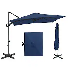 Costway - 11 x 9 FT Cantilever Patio Umbrella with 360° Rotation Easy Tilt Adjustment 8 Ribs - Navy Blue