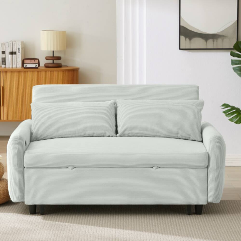 Front. LUCKY ONE - 57.48" Pull-Out Convertible Loveseat Sleeper Sofa Bed with 2 Throw Pillows and USB Ports - Pale Green.
