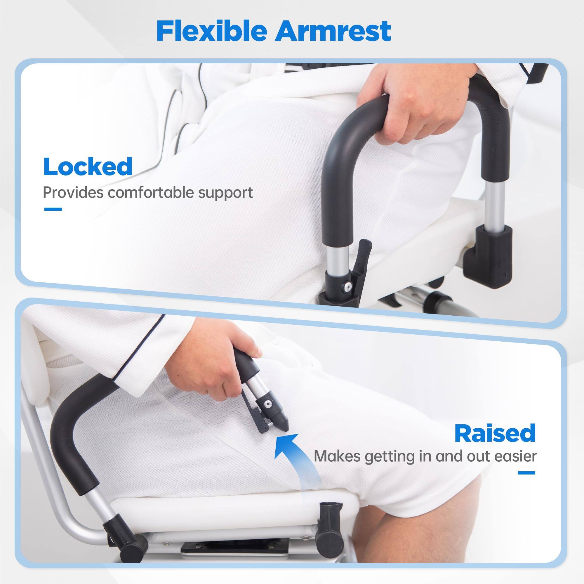 Flexible Armrest

Locked  
Provides comfortable support

Raised  
Makes getting in and out easier
