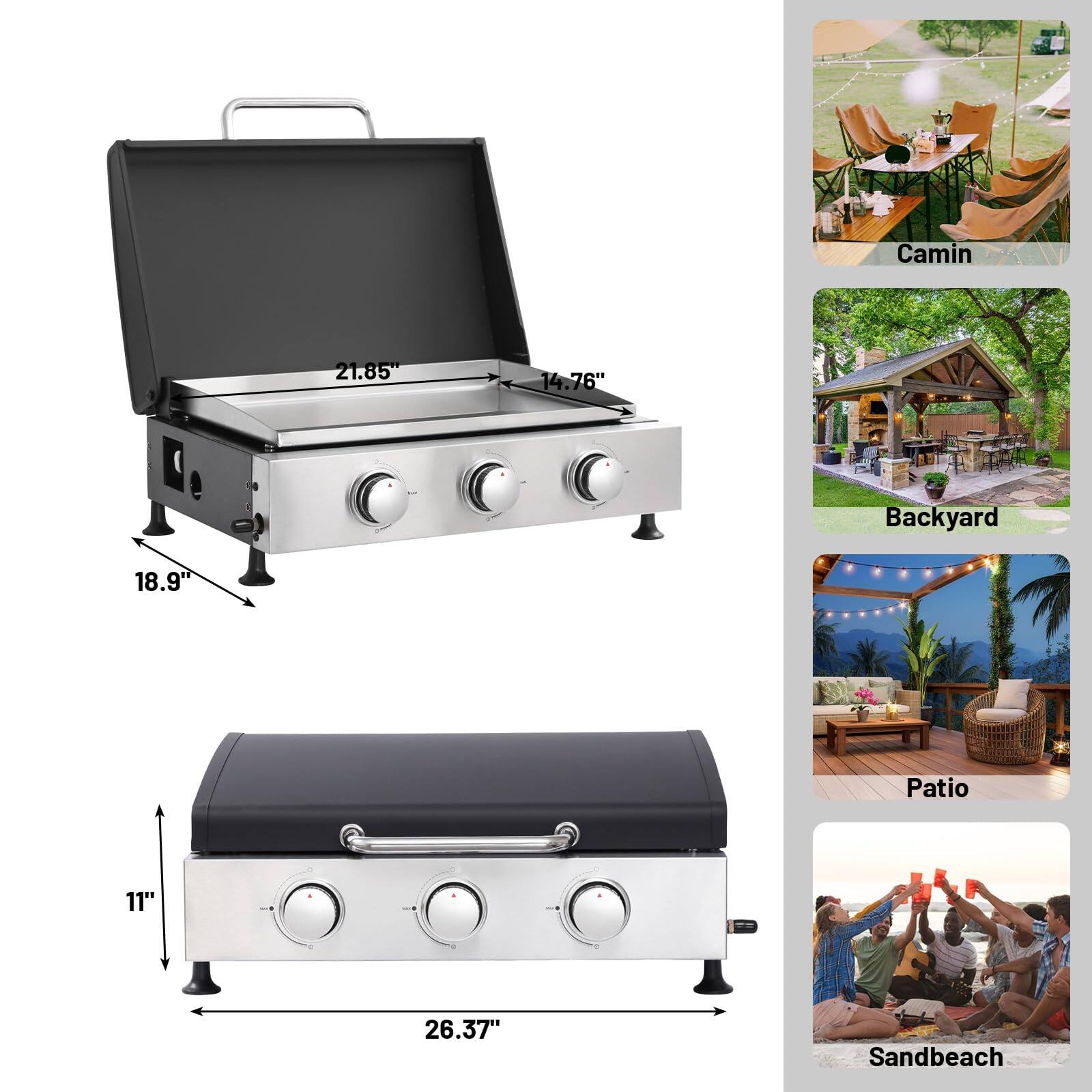 Camin  
21.85" x 14.76" x 18.9"  

Backyard  
26.37" x 11"  

Patio  

Sandbeach