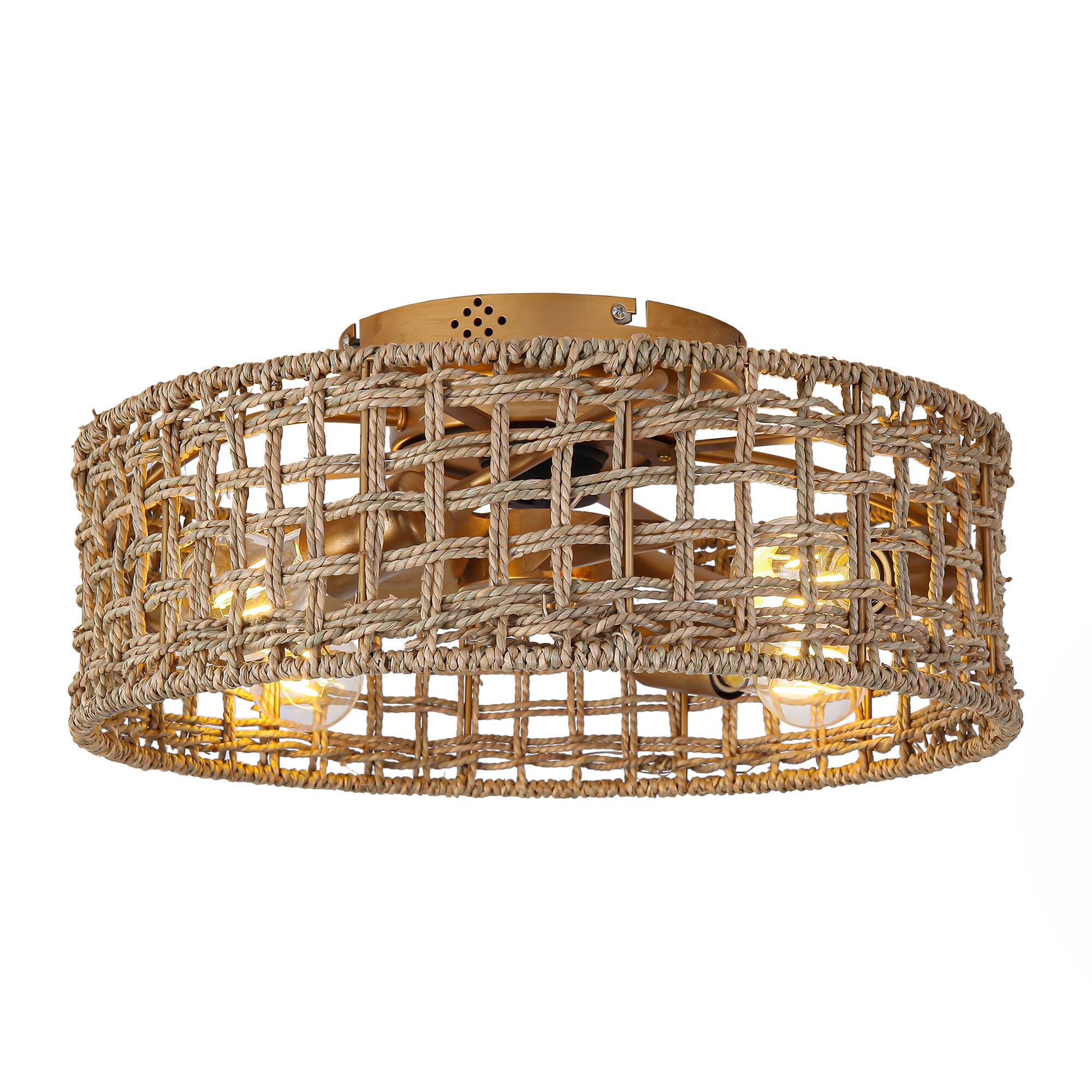 Alt View 8. Parrot Uncle - 17.72 in. Farmhouse Caged Straw Woven Smart Ceiling Fan with Light and Remote and App Control - Gold.