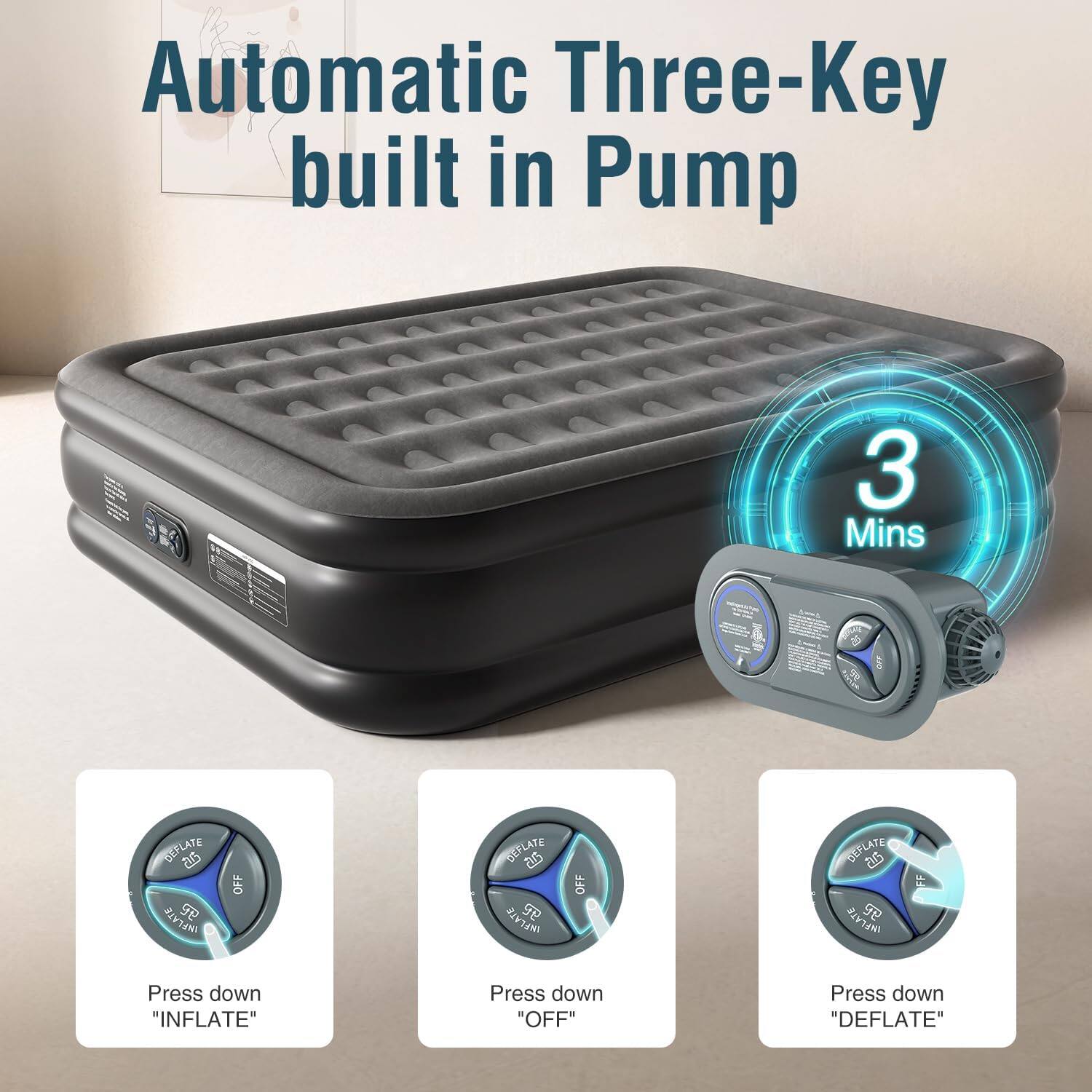 Automatic Three-Key built in Pump 3 Mins DEFLATE 25 INFLATE OFF DEFLATE Press down "INFLATE" Press down "OFF" Press down "DEFLATE"