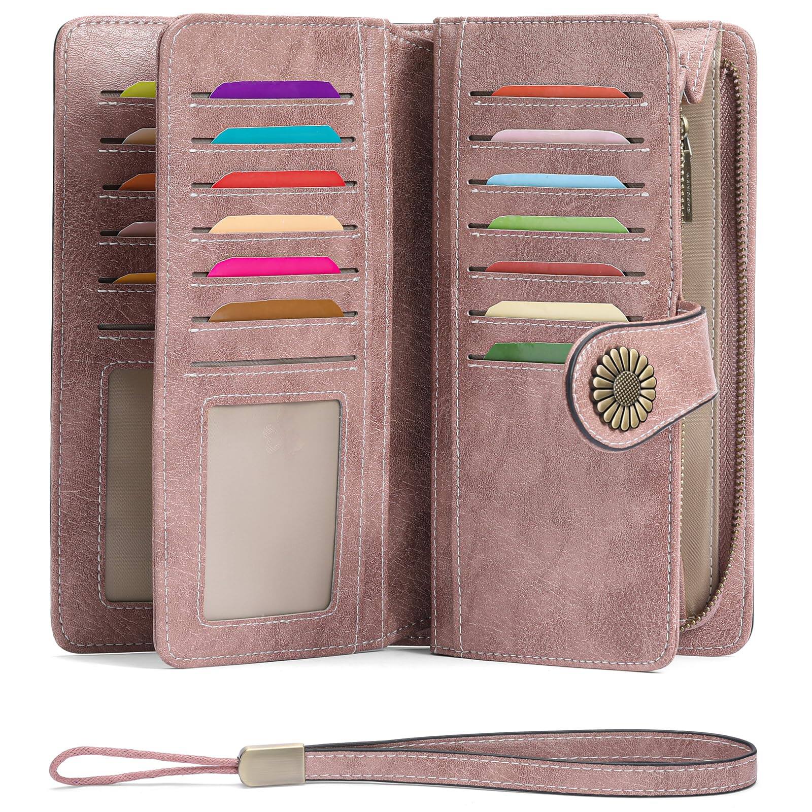 Jadie Link - Wallets Women Leather Credit Card Holder Rfid Blocking Large Capacity Wristlet Large Capacity womens wallet card slots - 5-Vegan-Pink-3