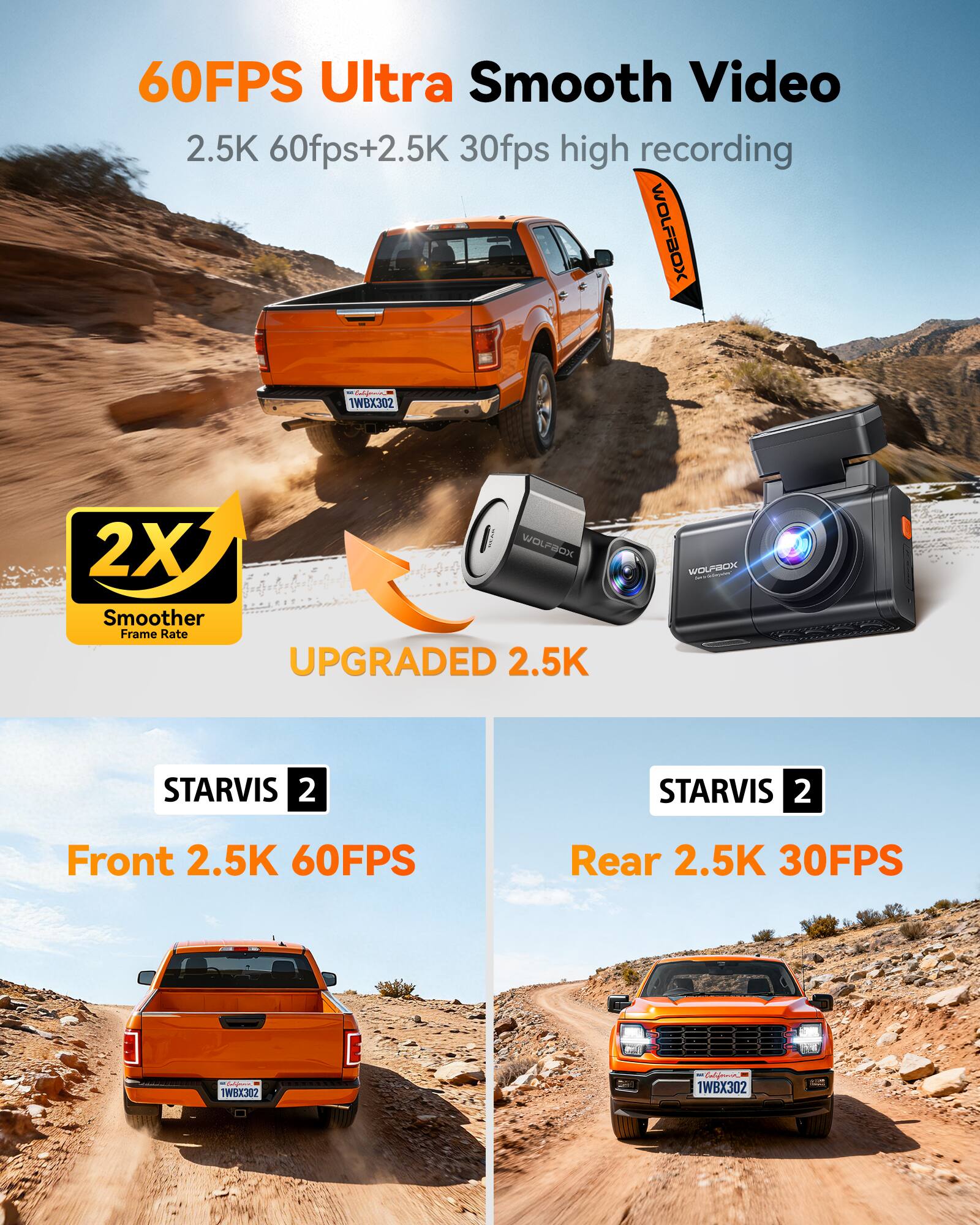 60FPS Ultra Smooth Video  
2.5K 60fps+2.5K 30fps high recording  
WOLFBOX - TWBX302  
2X WOLFSOK Smoother Frame Rate  
UPGRADED 2.5K WOLROX STARVIS 2  
Front 2.5K 60FPS  
Rear 2.5K 30FPS  
STARVIS 2