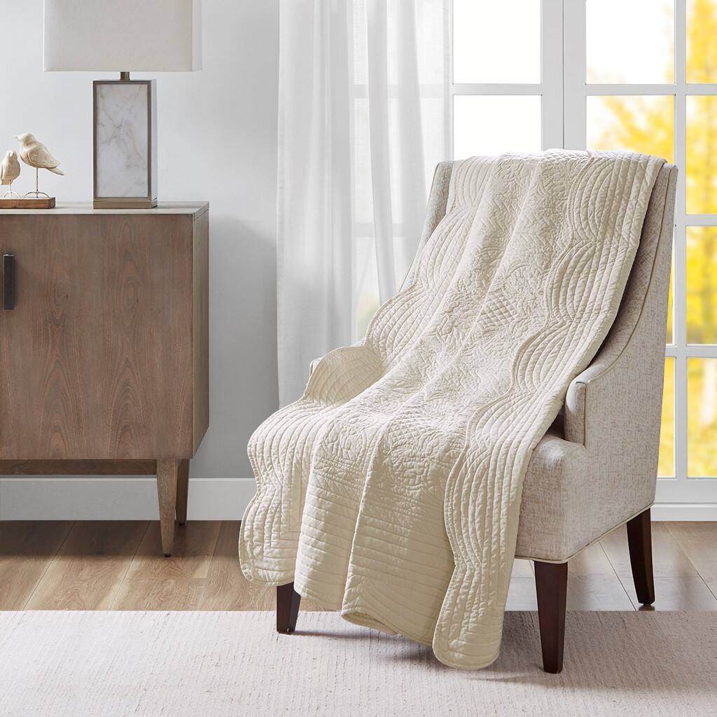 Alt View 1. Gracie Mills - Gracie Mills Salvatore Oversized Stitched Scalloped Edges Throw Blanket - Cream.