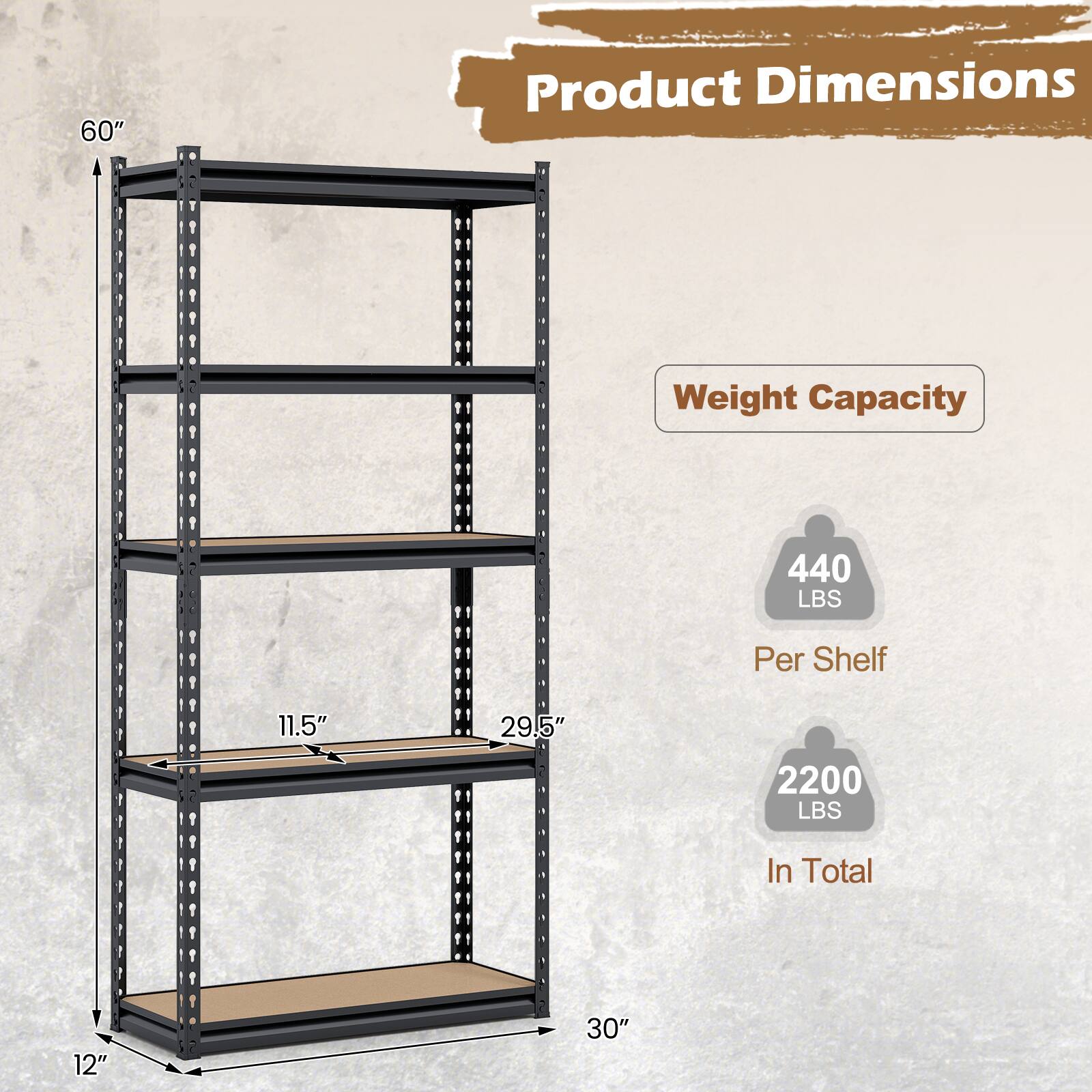 Product Dimensions  
60"  
11.5"  
29.5"  
12"  
30"  

Weight Capacity  
440 LBS Per Shelf  
2200 LBS In Total