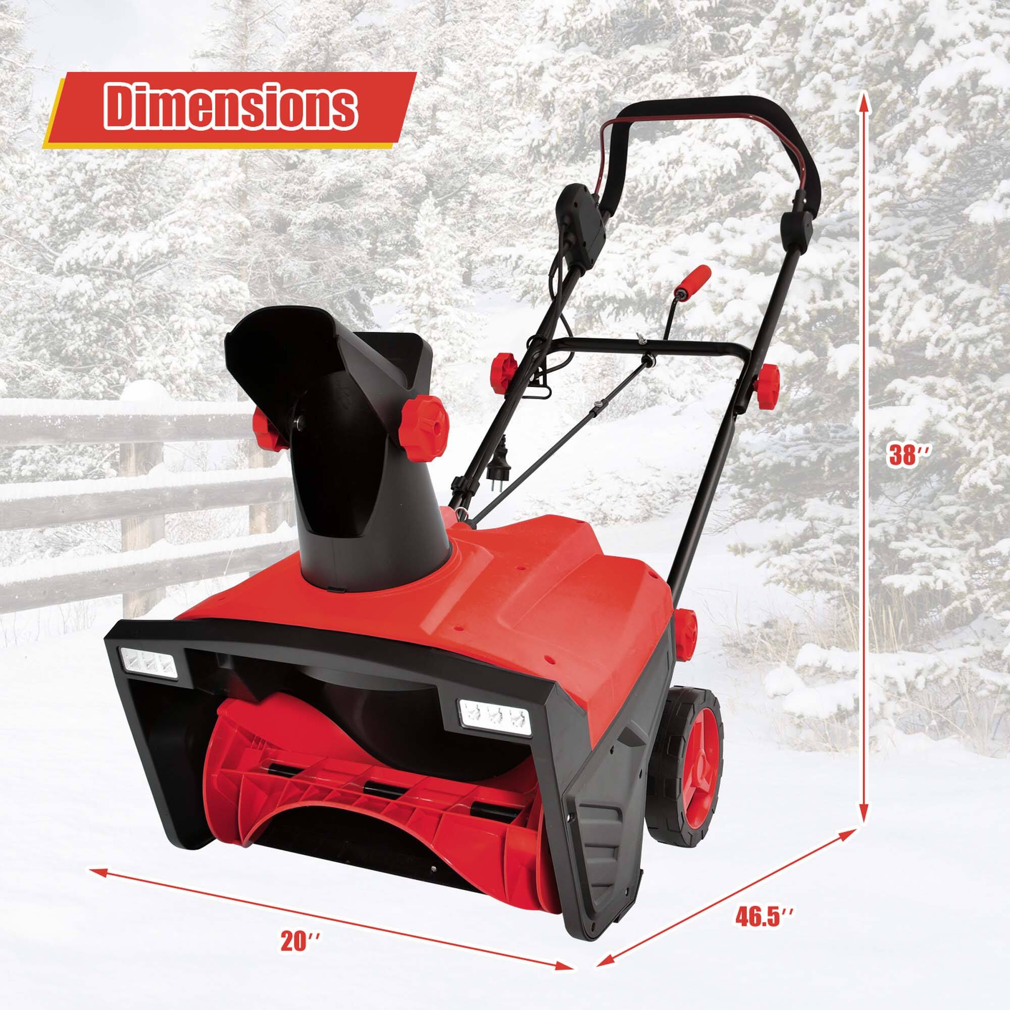The dimensions of the snow blower are 38 inches, 20 inches, and 46.5 inches.