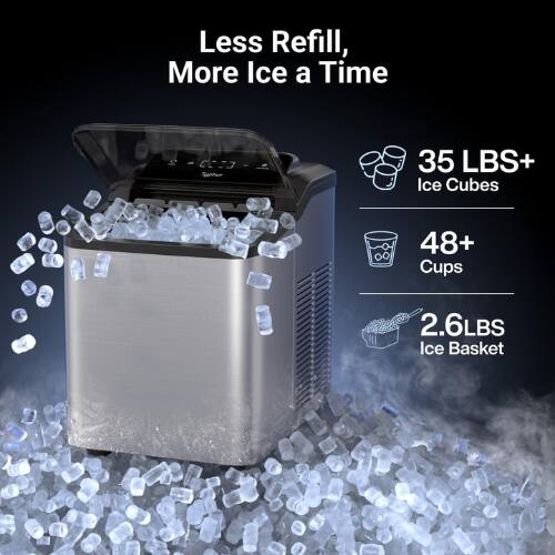 Less Refill, More Ice a Time  
35 LBS+ Ice Cubes  
48+ Cups  
2.6 LBS Ice Basket
