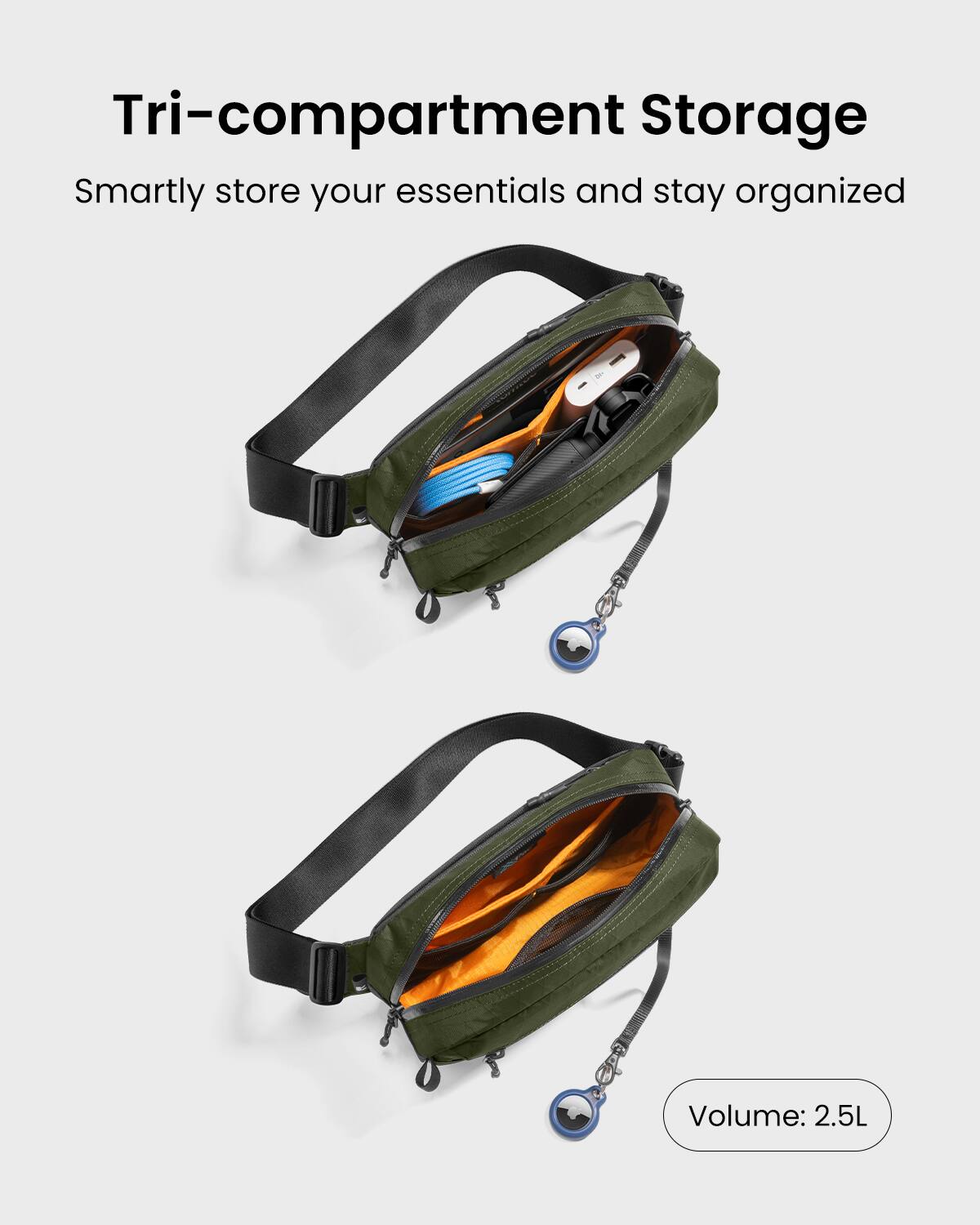 Tri-compartment Storage Smartly store your essentials and stay organized Volume: 2.5L