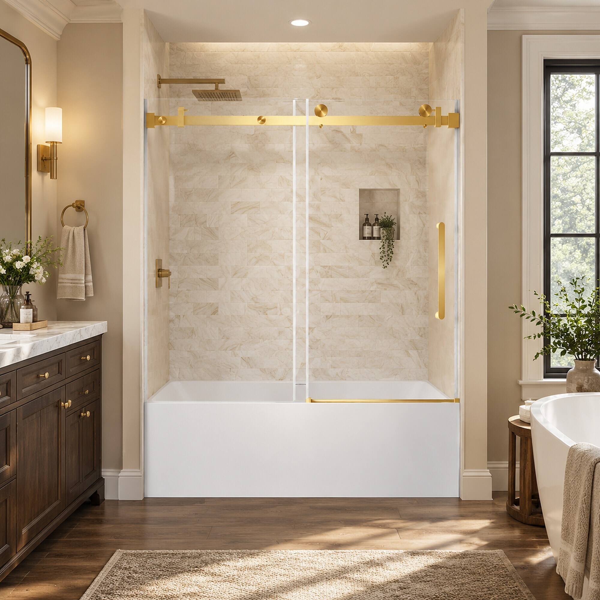 Back. RYHNUYNE - 56-60 In W X 60 In H Frameless Single Sliding Shower Door, 1/4 In Clear Tempered Glass With Handle Brushed Gold Finish - Brushed Gold.