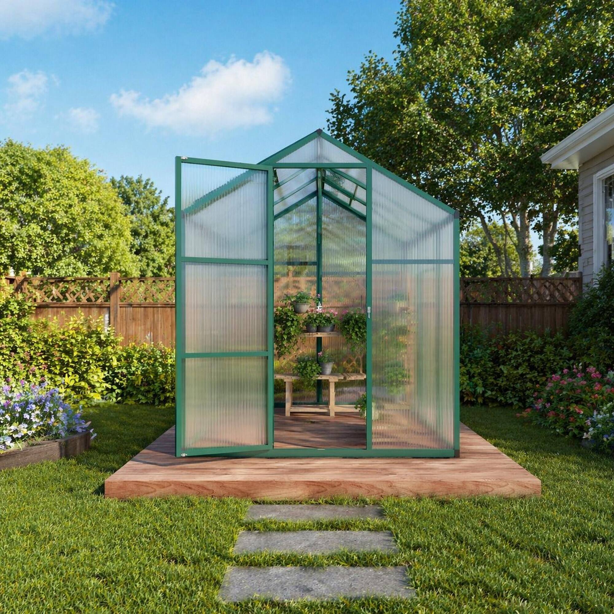 Angle. RYHNUYNE - 6x8 ft Polycarbonate Greenhouse, Heavy Duty Aluminum Frame, Walk-in Garden Kit, All Season.