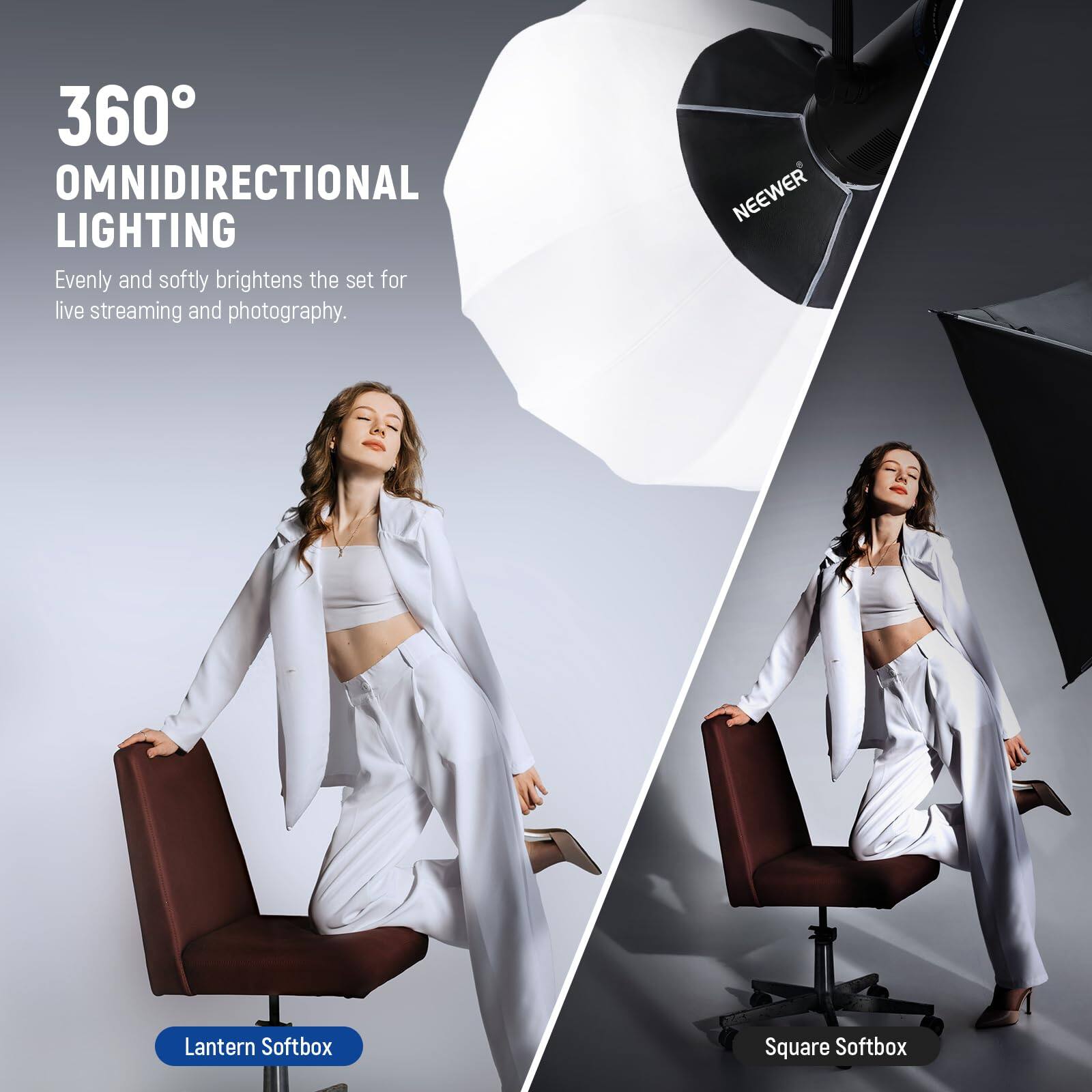 360° OMNIDIRECTIONAL LIGHTING  
Evenly and softly brightens the set for live streaming and photography.  

NEEWER Lantern Softbox  
Square Softbox