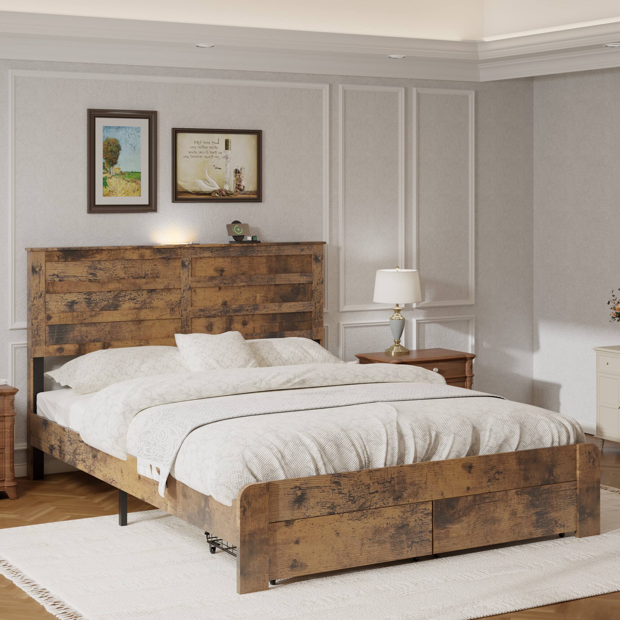 Left. LUCKY ONE - Queen Size Bed Frame with 2 Storage Drawers and 2 USB Ports - Dark Brown.