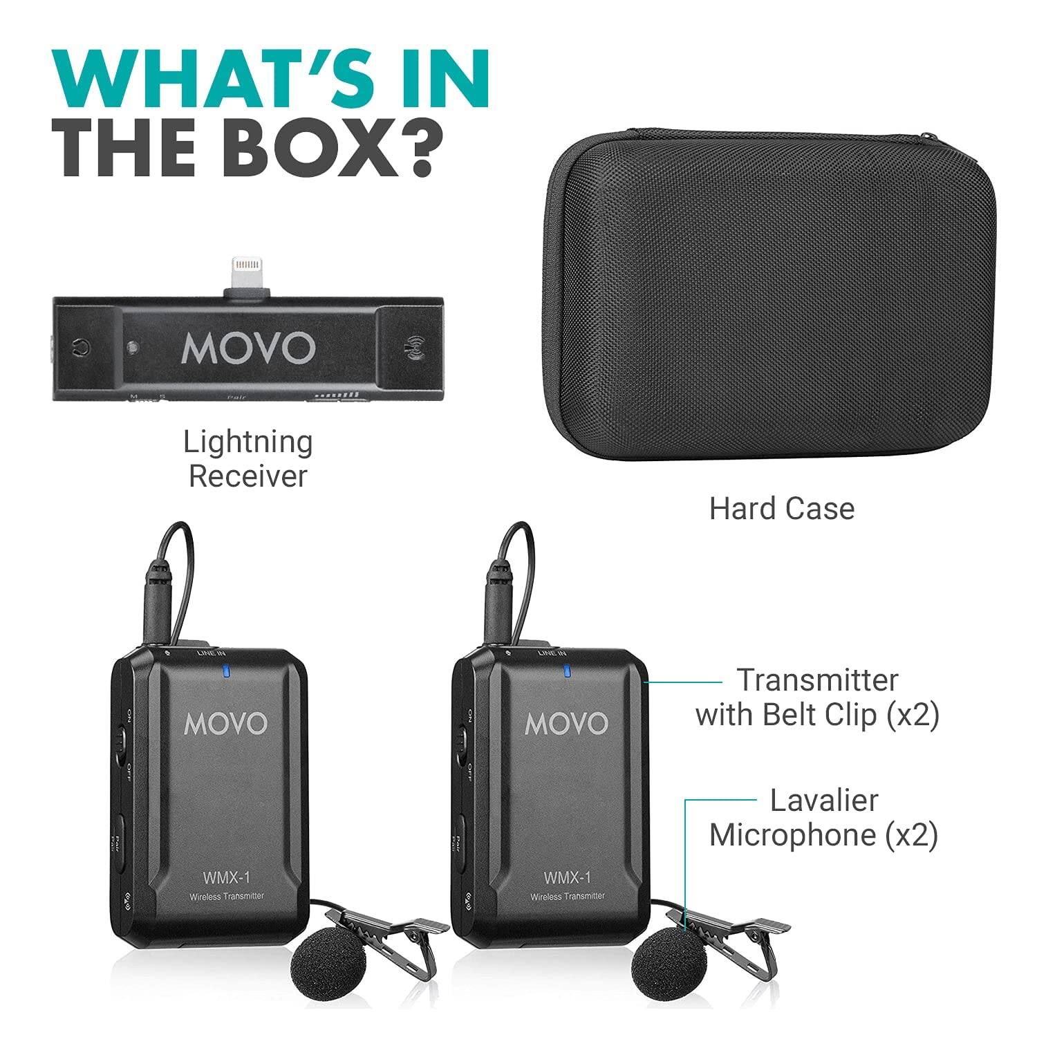 WHAT'S IN THE BOX?

- MOVO Lightning Receiver
- MOVO Hard Case
- MOVO Transmitter with Belt Clip (x2)
- MOVO Lavalier Microphone (x2)