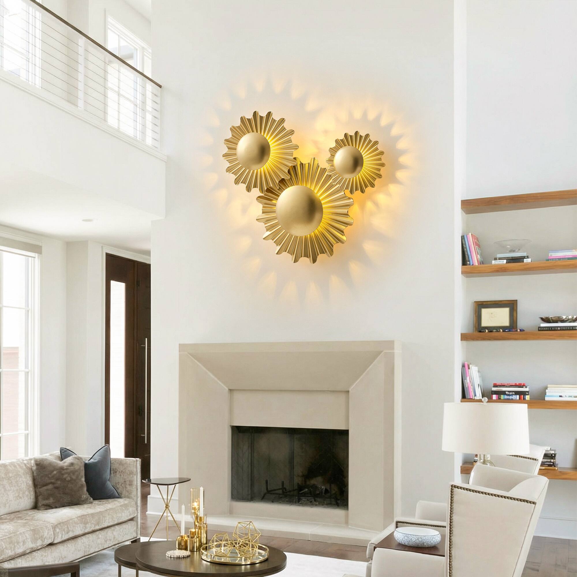 Left. Vaczon - 3-Light Integrated LED Sunburst Flush-Mounted Modern Vanity Light Fixture Wall Sconce for Bedroom and Entryway - Gold.