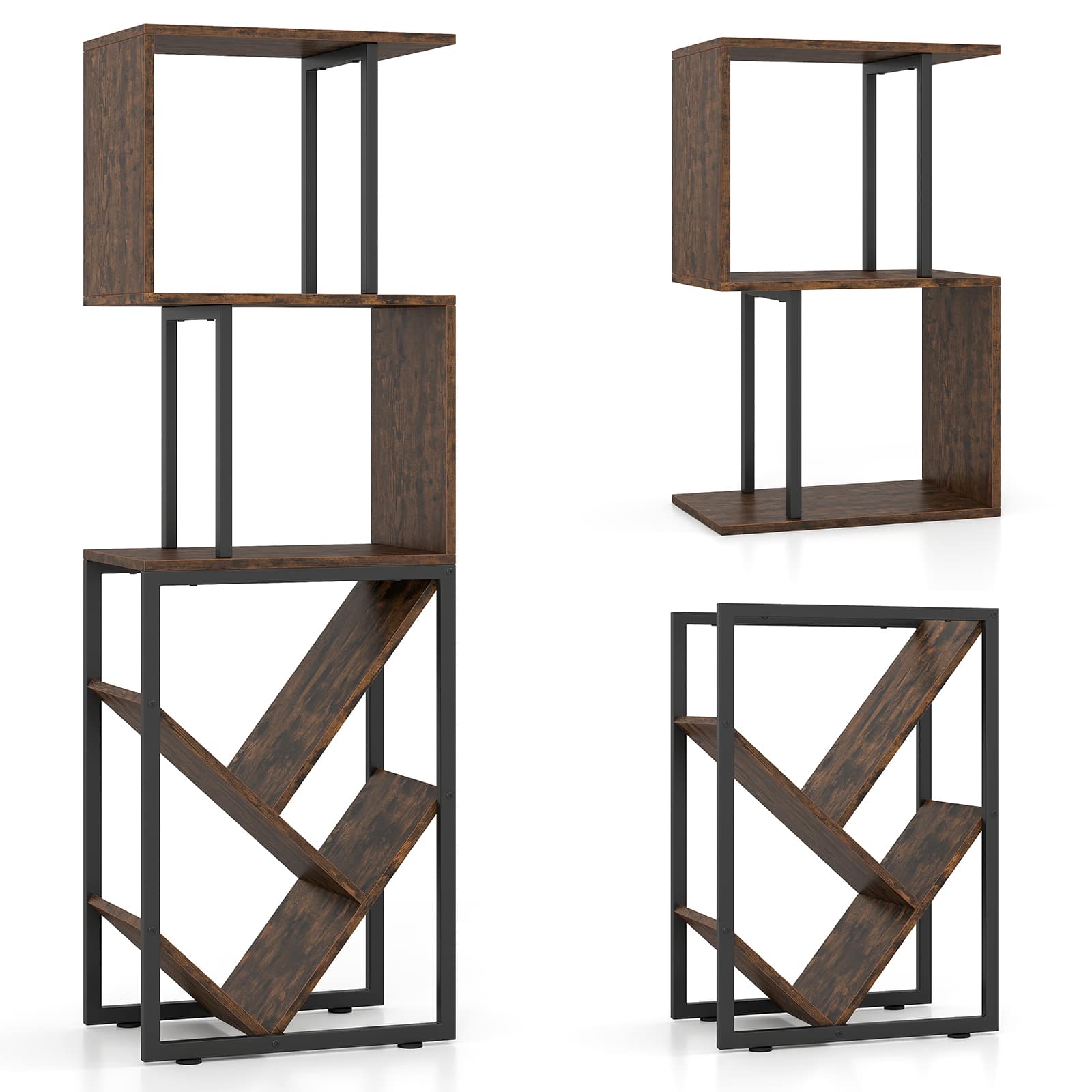 Gymax - 6-Tier Bookshelf Industrial S-Shaped Geometric Bookcase w/ Open Display Shelves - Brown
