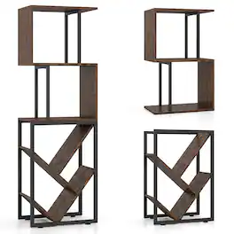 Gymax - 6-Tier Bookshelf Industrial S-Shaped Geometric Bookcase w/ Open Display Shelves - Brown