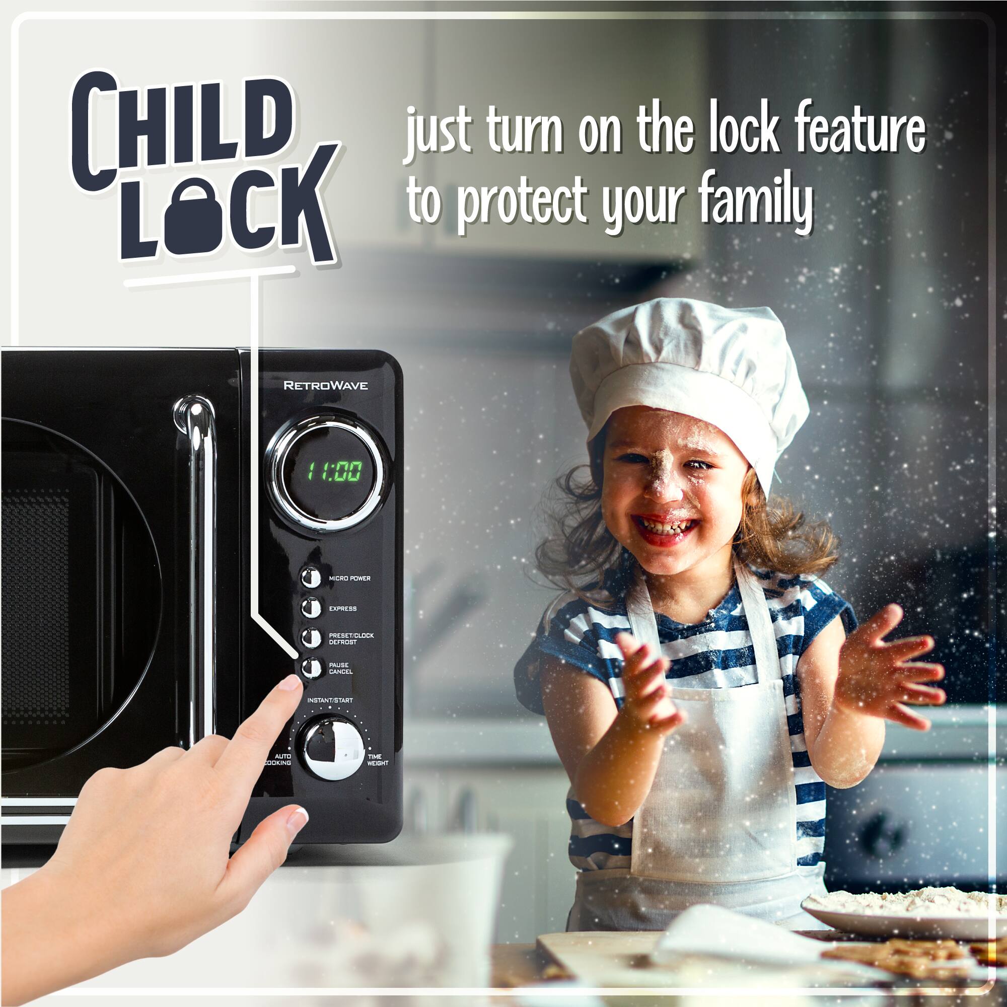CHILD LOCK

just turn on the lock feature to protect your family

RETROWAVE

1:00