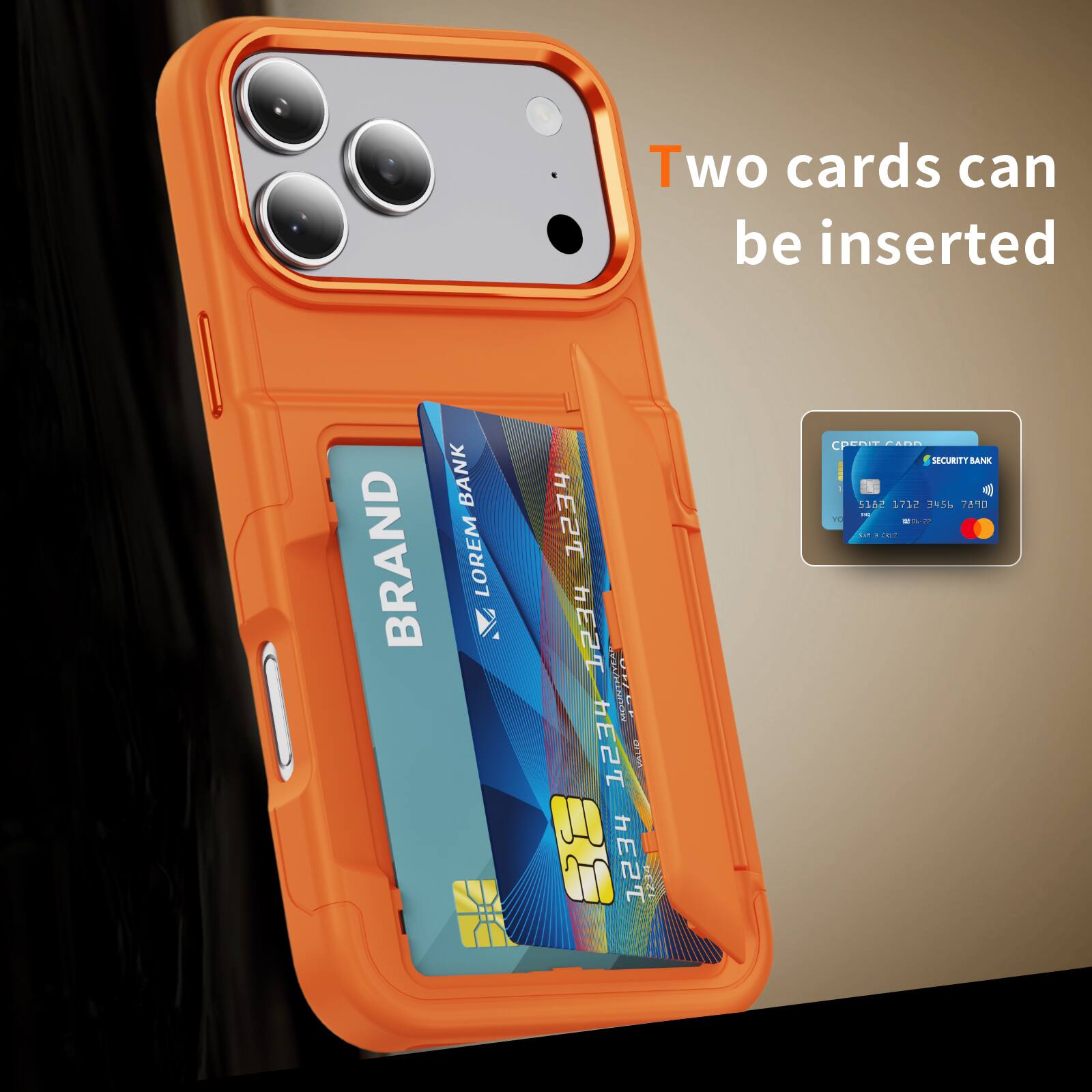 Two cards can be inserted.  
BANK BRAND LOREM 1234 1234  
CHEPHE2T  
MONTH/YEAR  
T1PT TULE 1  
ANUSIN 1234  
VOTSA P hE2T 123m  
penitcAnn RO0N.  
A SECURITT BANK 516C 1712 195 76%0  
WE