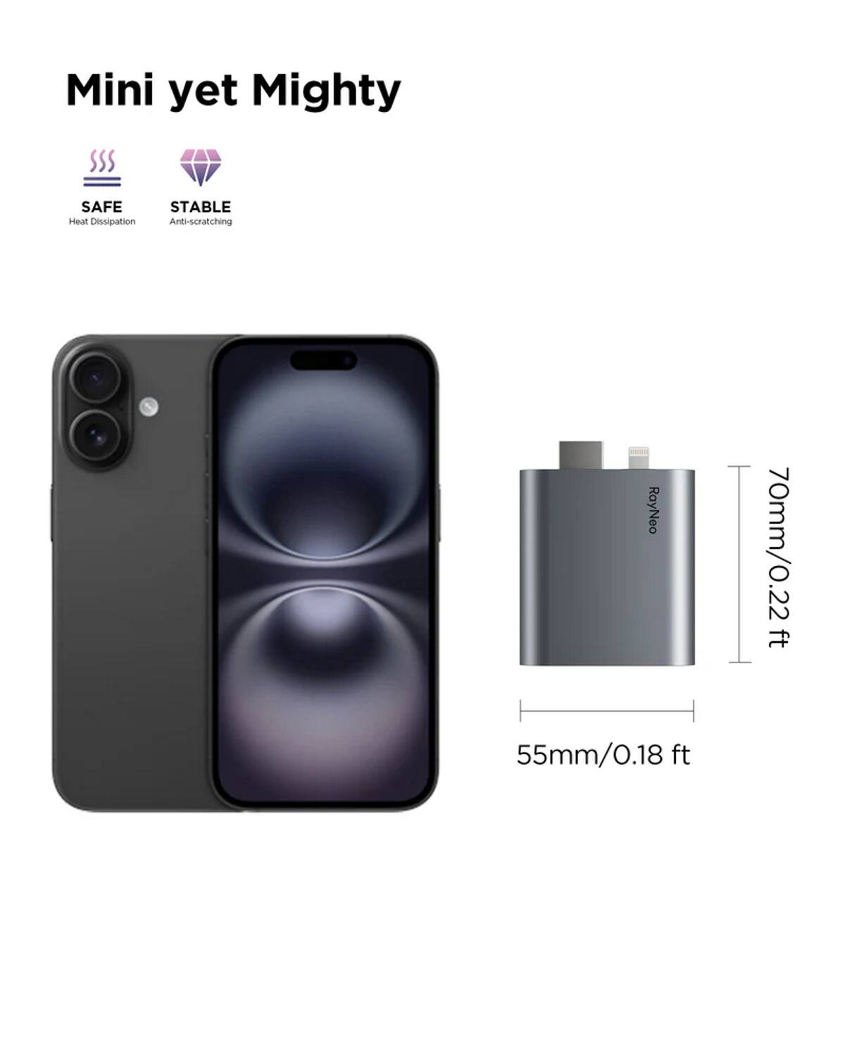 Mini yet Mighty

SAFE Heat Dissipation  
STABLE Anti-scratching

RayNeo  
70mm/0.22 ft  
55mm/0.18 ft