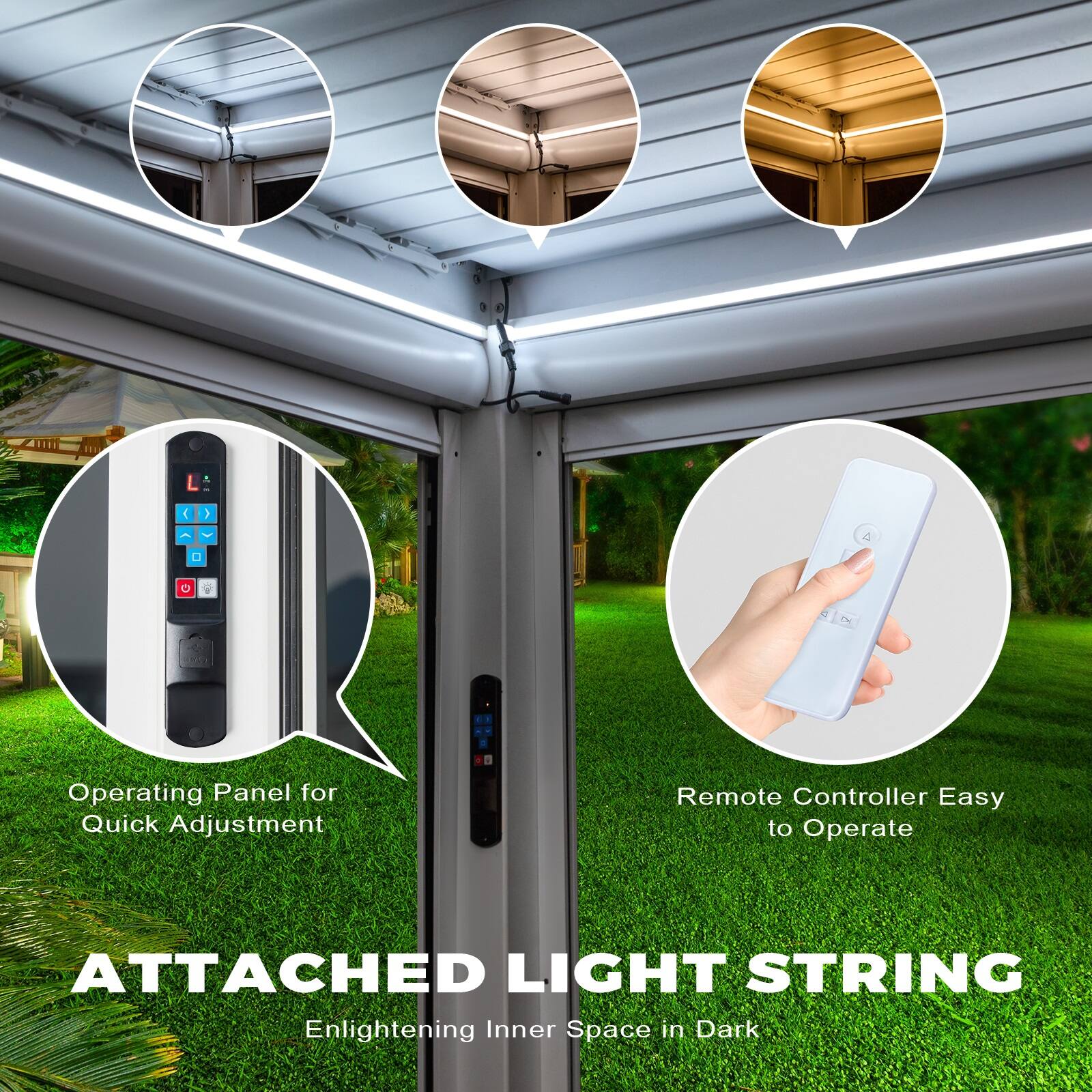 1. Operating Panel for Quick Adjustment
2. Remote Controller Easy to Operate
3. ATTACHED LIGHT STRING
   Enlightening Inner Space in Dark