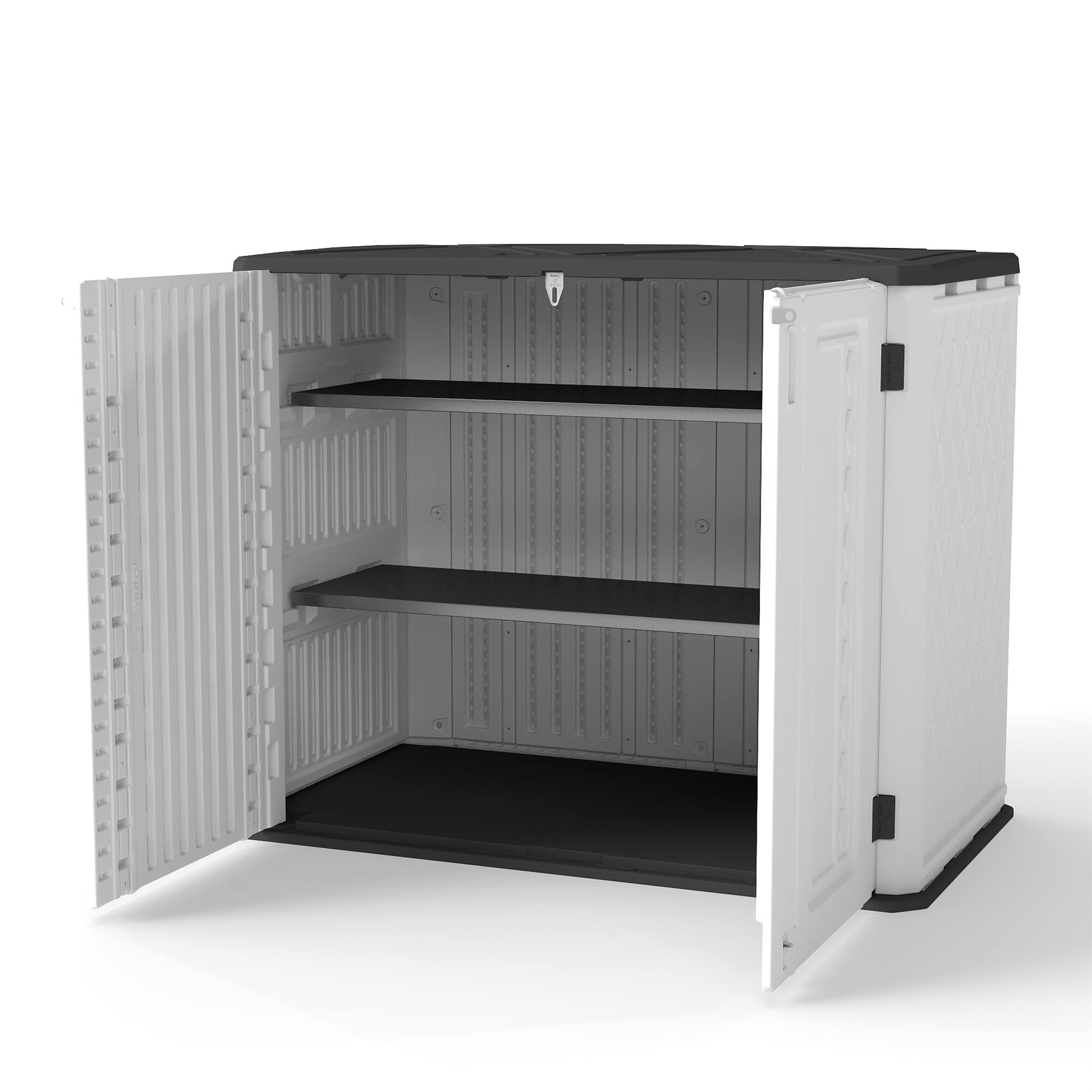 Front. Decksplore - White Outdoor Shed, 2-Shelf Horizontal Storage Cabinet Waterproof Patios Backyards Resin Tool Shed - White.