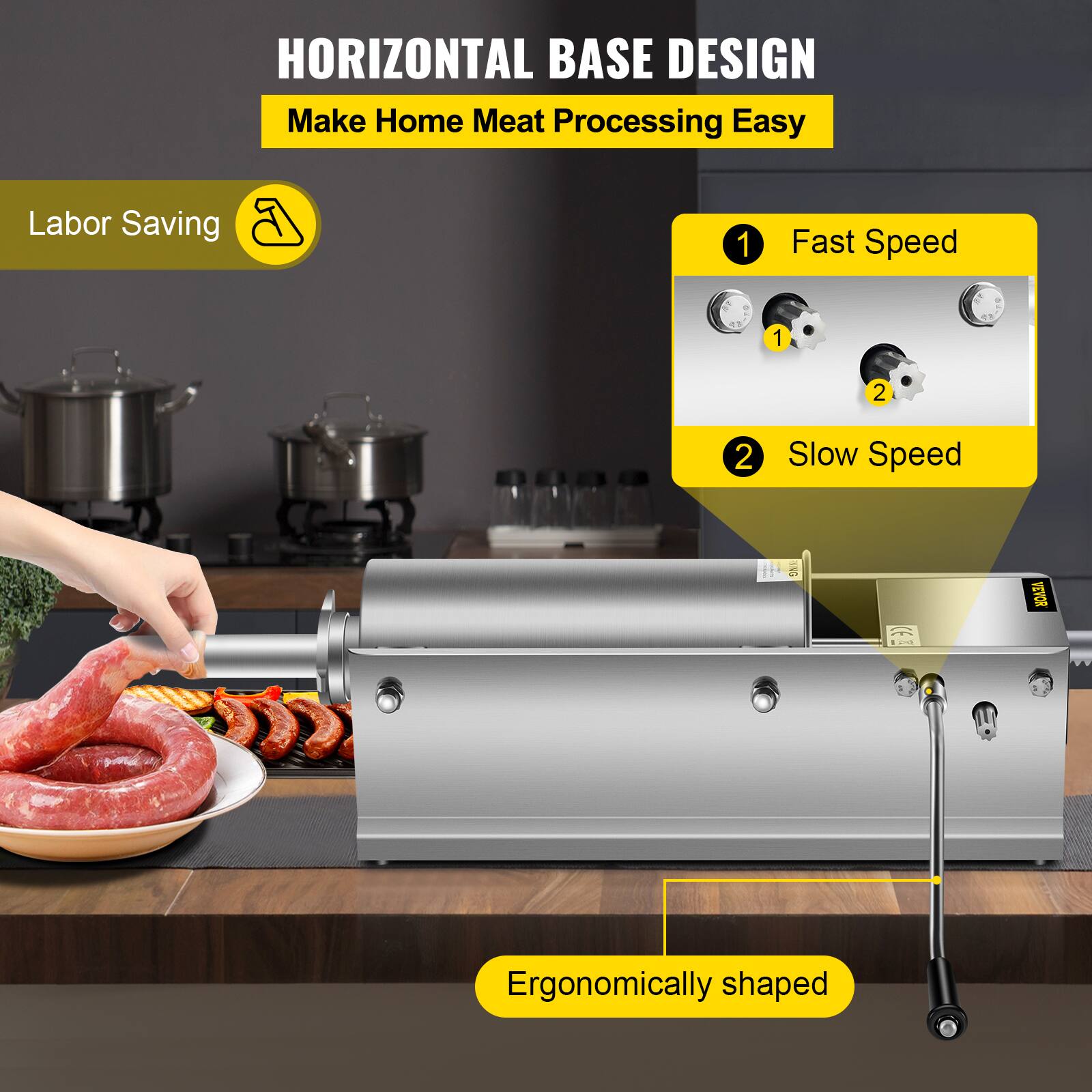 HORIZONTAL BASE DESIGN  
Make Home Meat Processing Easy  

Labor Saving  

1. Fast Speed  
2. Slow Speed  

Ergonomically shaped
