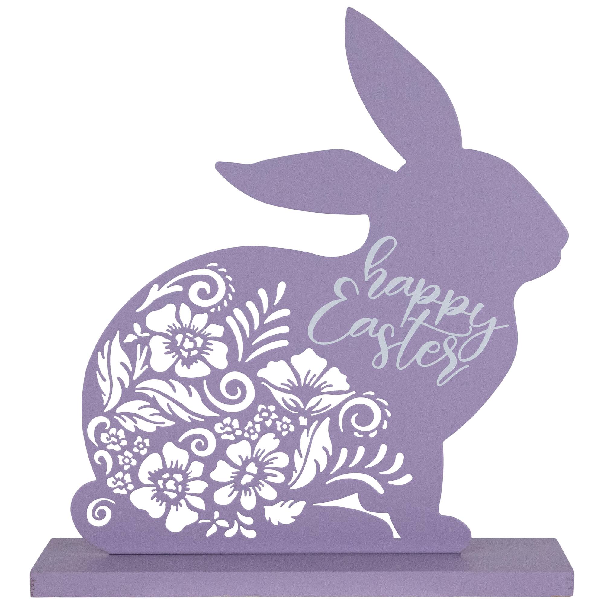 Front. Northlight - Happy Easter Floral Cut-Out Bunny Decoration - 13" - Purple.