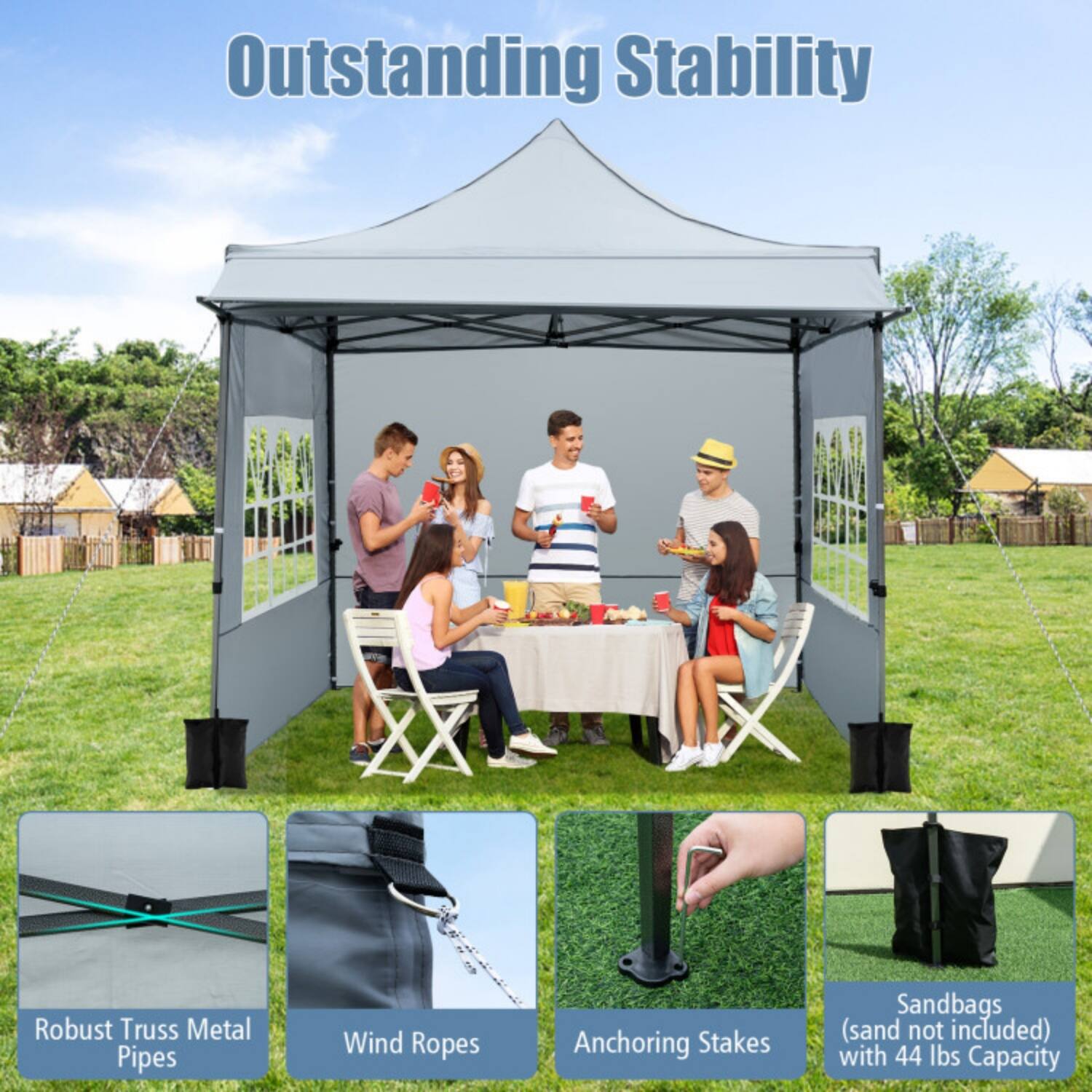 Outstanding Stability

Robust Truss Metal Pipes  
Wind Ropes  
Anchoring Stakes  
Sandbags (sand not included) with 44 lbs Capacity