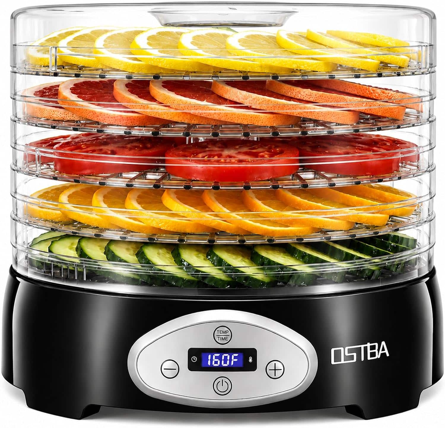 OSTBA - Food Dehydrator, 5 BPA-Free 12.2" Trays, Adjustable Temp 95–160℉ - Clear/Black