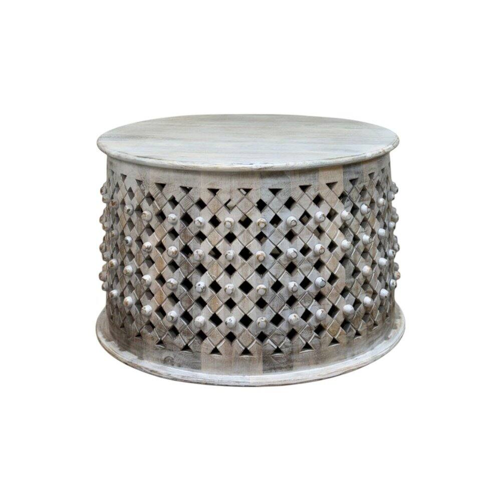 Front. Carolina Chair & Table - Artisan 30" Lattice Weave Mango Wood Coffee Table - Whitewash - White.